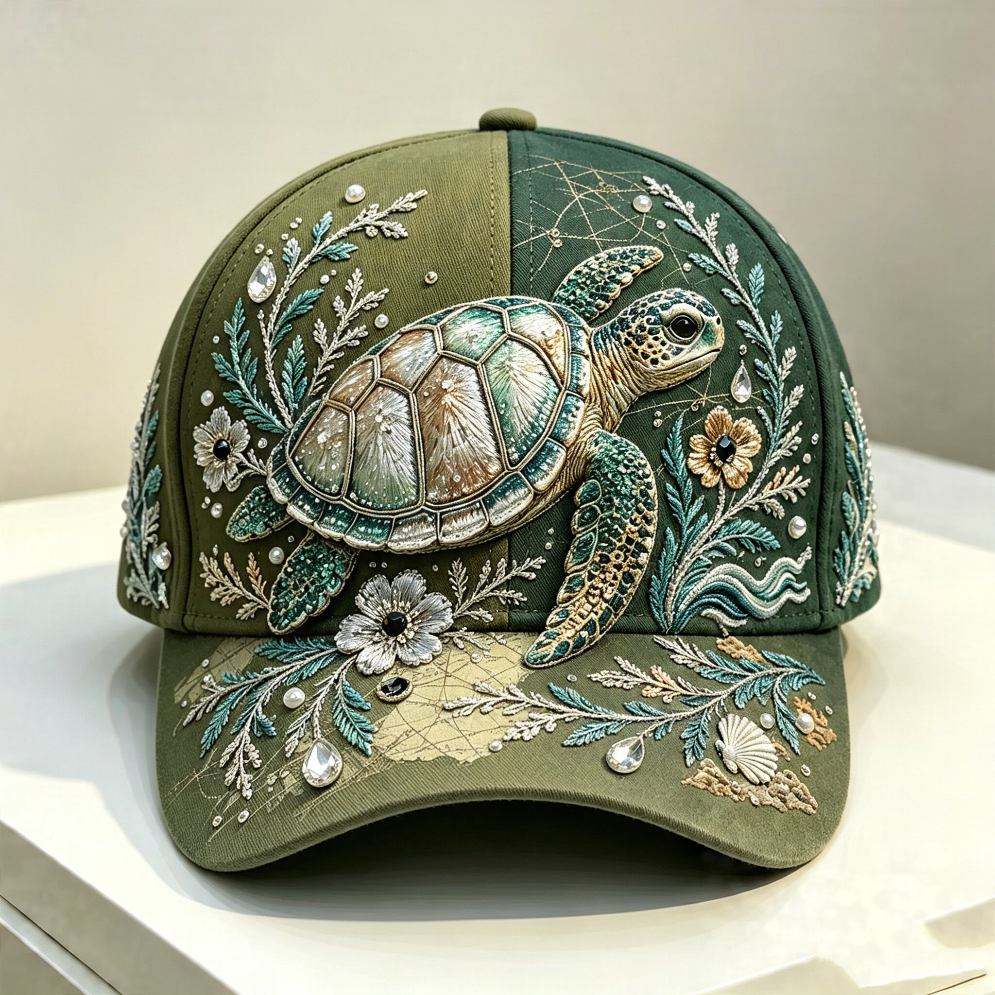 🌊 3D Ocean Creatures Embroidery Cap | Pearl & Crystal Adjustable Hat for Beach, Travel & Everyday Wear