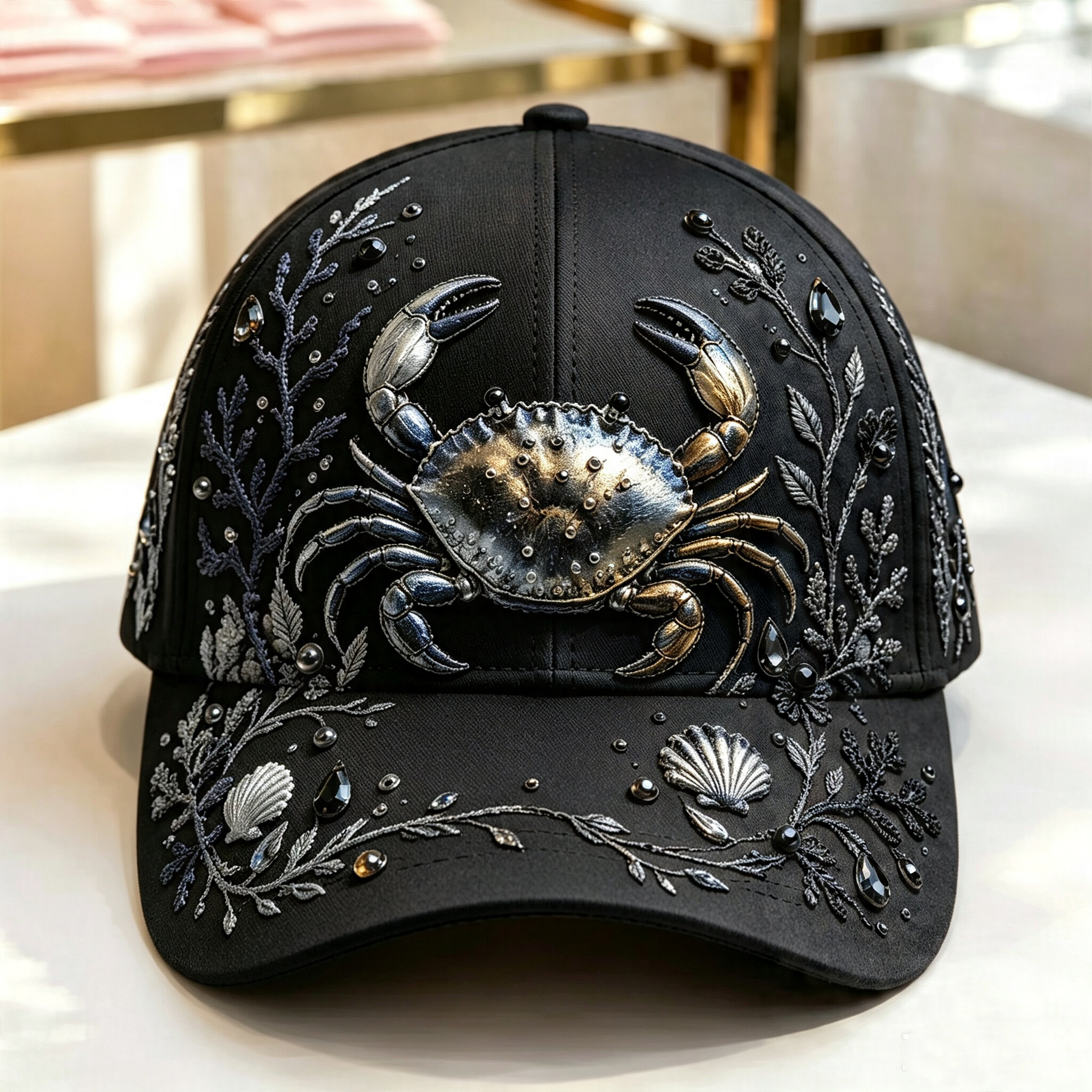 🌊 3D Ocean Creatures Embroidery Cap | Pearl & Crystal Adjustable Hat for Beach, Travel & Everyday Wear
