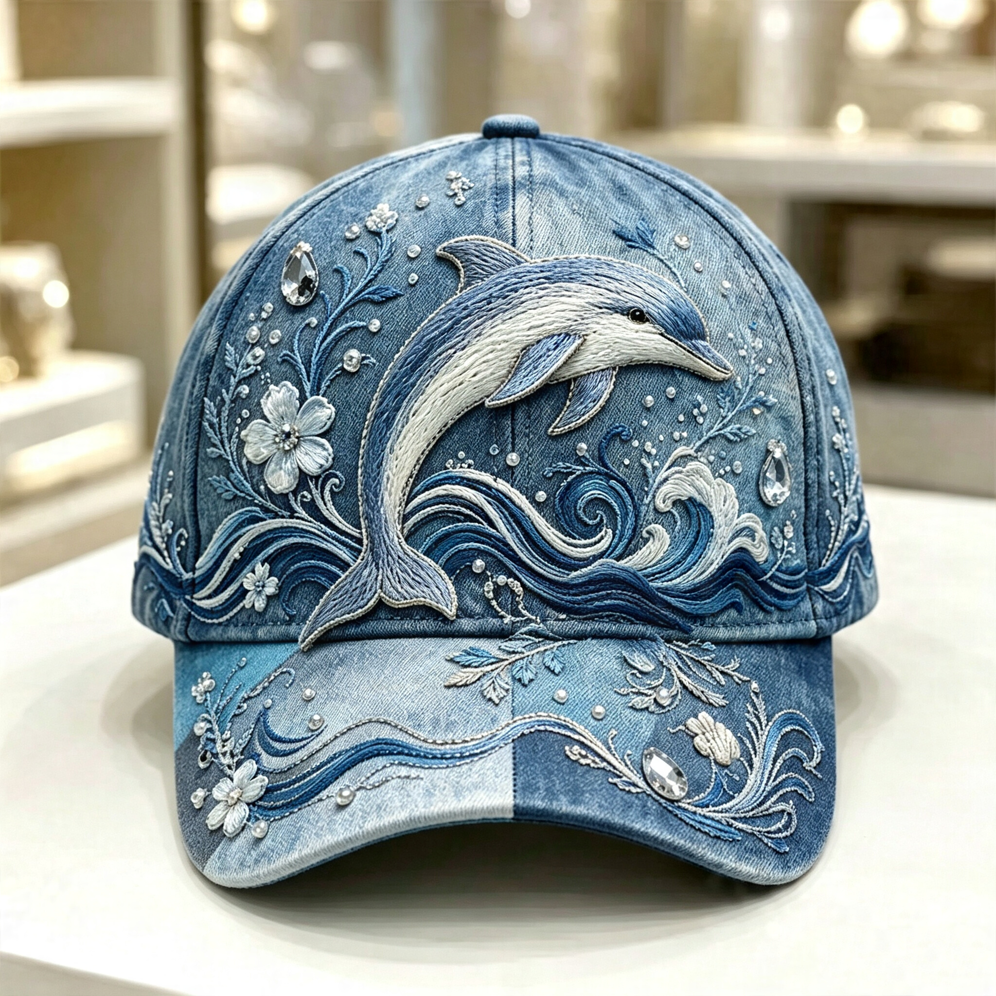 🌊 3D Ocean Creatures Embroidery Cap | Pearl & Crystal Adjustable Hat for Beach, Travel & Everyday Wear