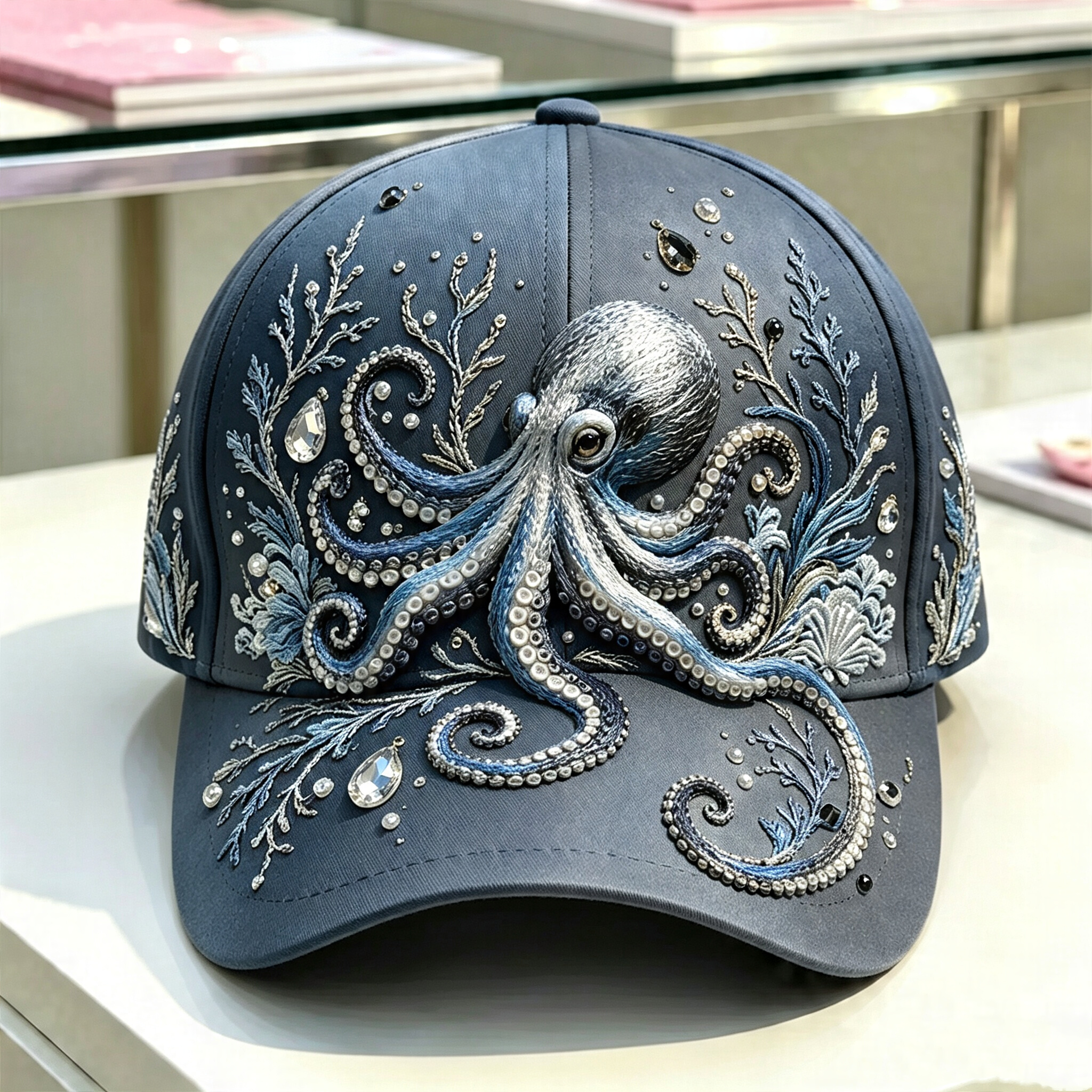 🌊 3D Ocean Creatures Embroidery Cap | Pearl & Crystal Adjustable Hat for Beach, Travel & Everyday Wear