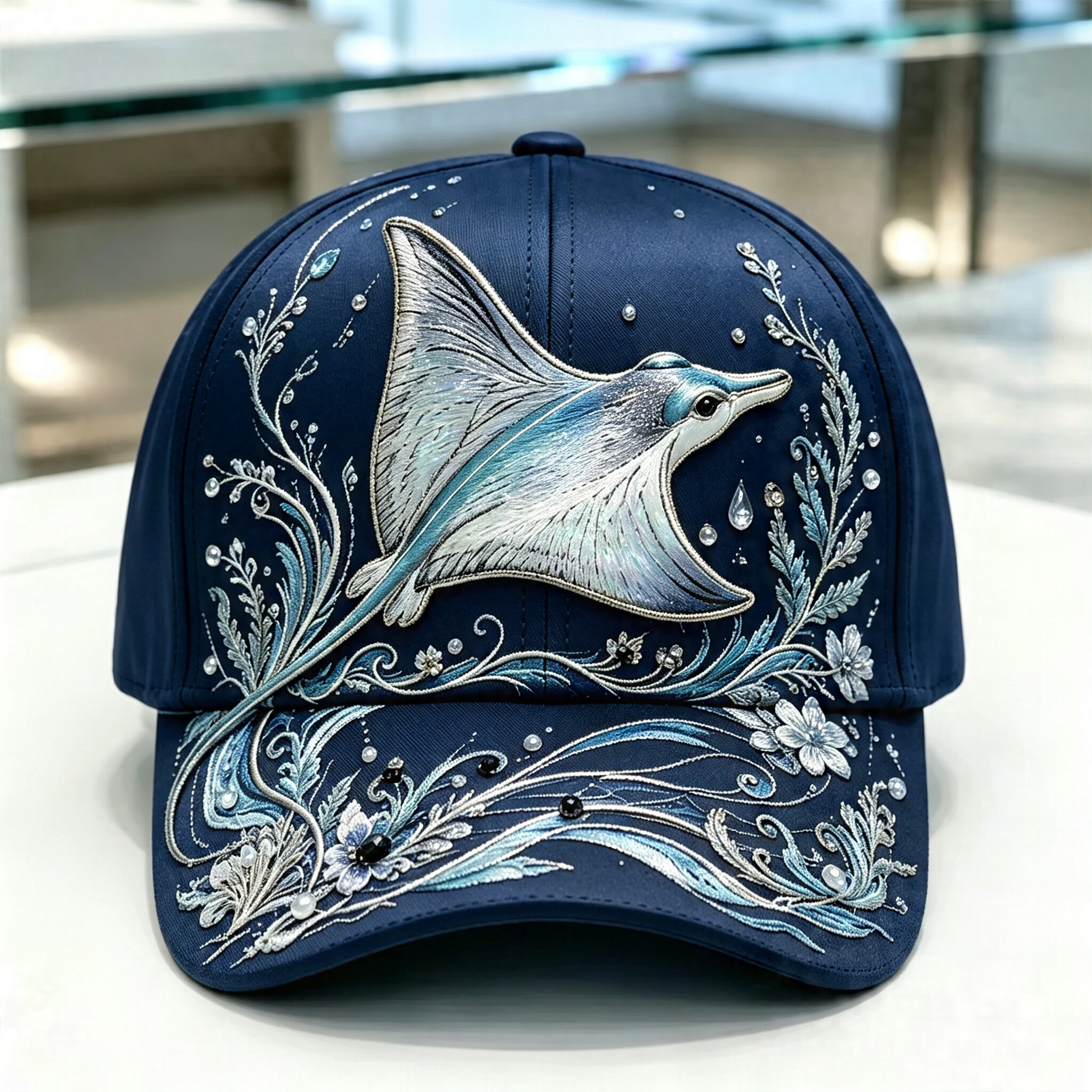 🌊 3D Ocean Creatures Embroidery Cap | Pearl & Crystal Adjustable Hat for Beach, Travel & Everyday Wear