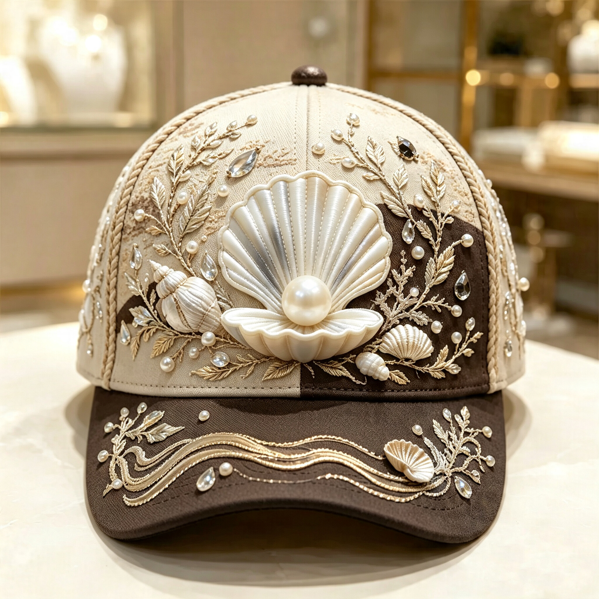🌊 3D Ocean Creatures Embroidery Cap | Pearl & Crystal Adjustable Hat for Beach, Travel & Everyday Wear
