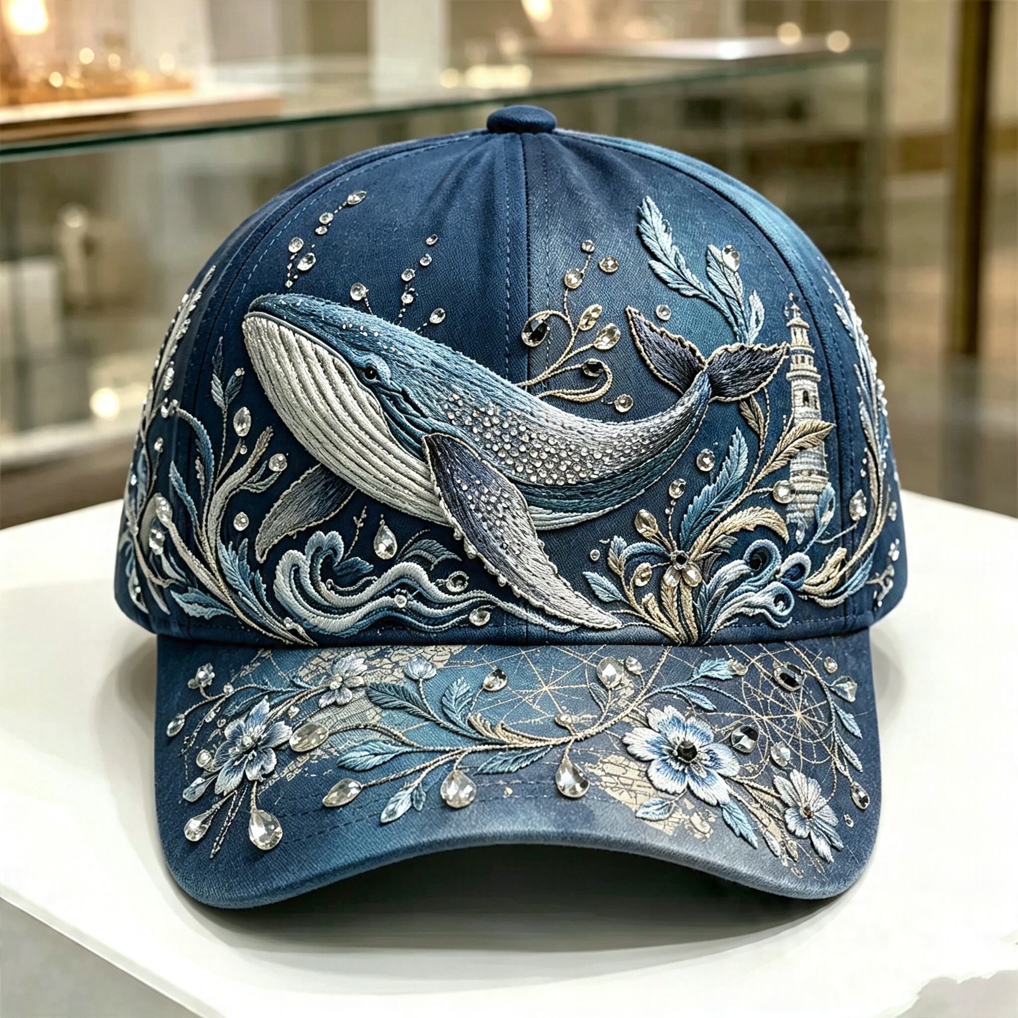 🌊 3D Ocean Creatures Embroidery Cap | Pearl & Crystal Adjustable Hat for Beach, Travel & Everyday Wear