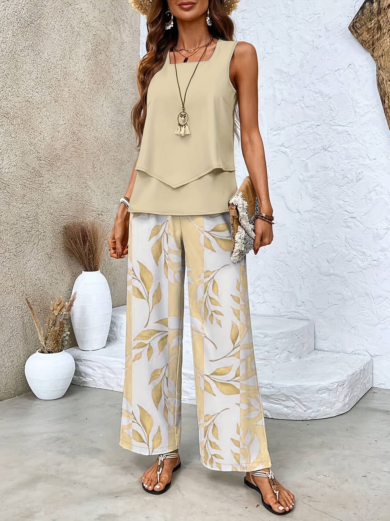Green Plant Print Square Neck Two Piece Set
