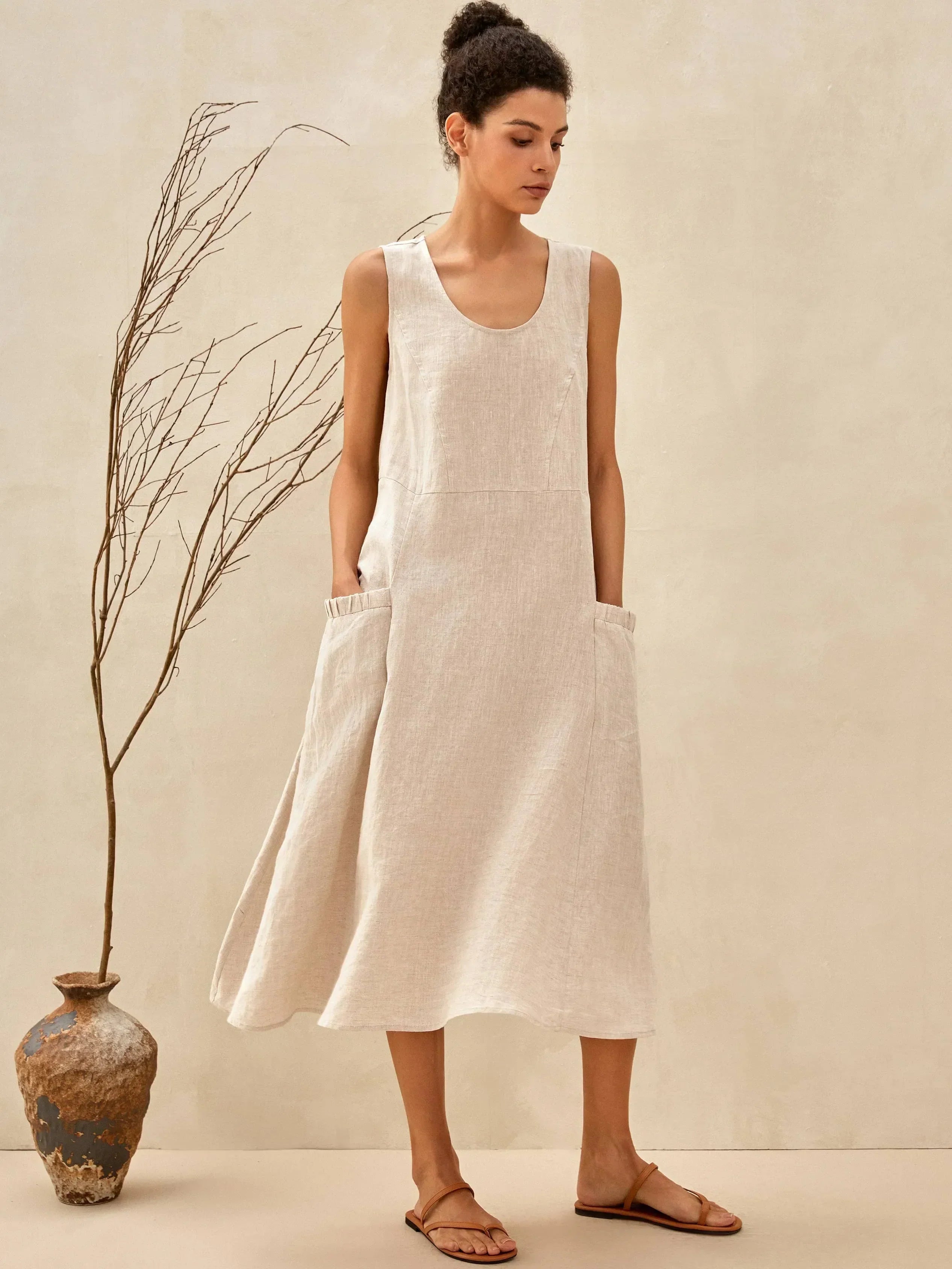Women's Maxi Dress - Sleeveless Linen - Loose Fit with Pockets - Flowy Casual Wear