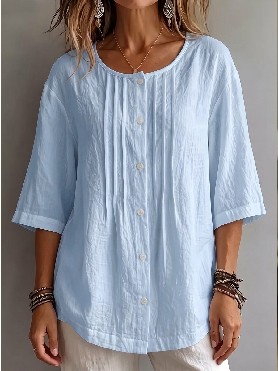 New Arrival 🔥Women'S Round Neck Three-Quarter Sleeve Pleated Shirt