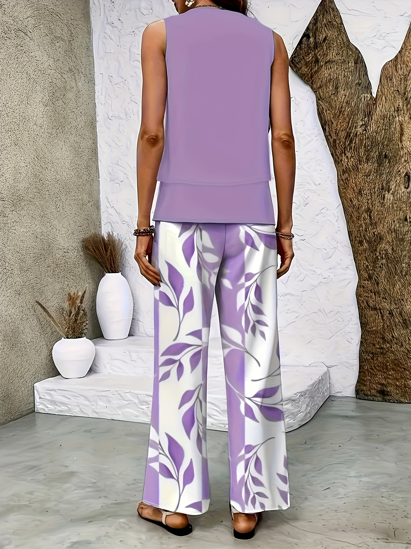 Green Plant Print Square Neck Two Piece Set
