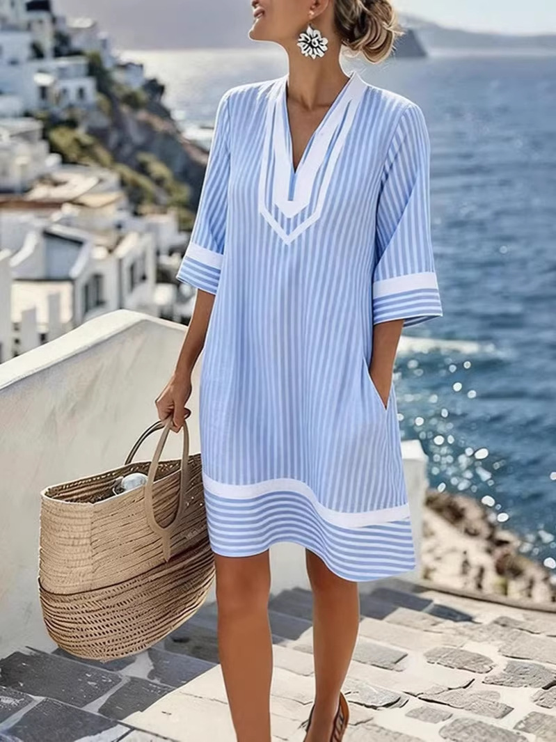 V-Neck Short Sleeve Striped Dress