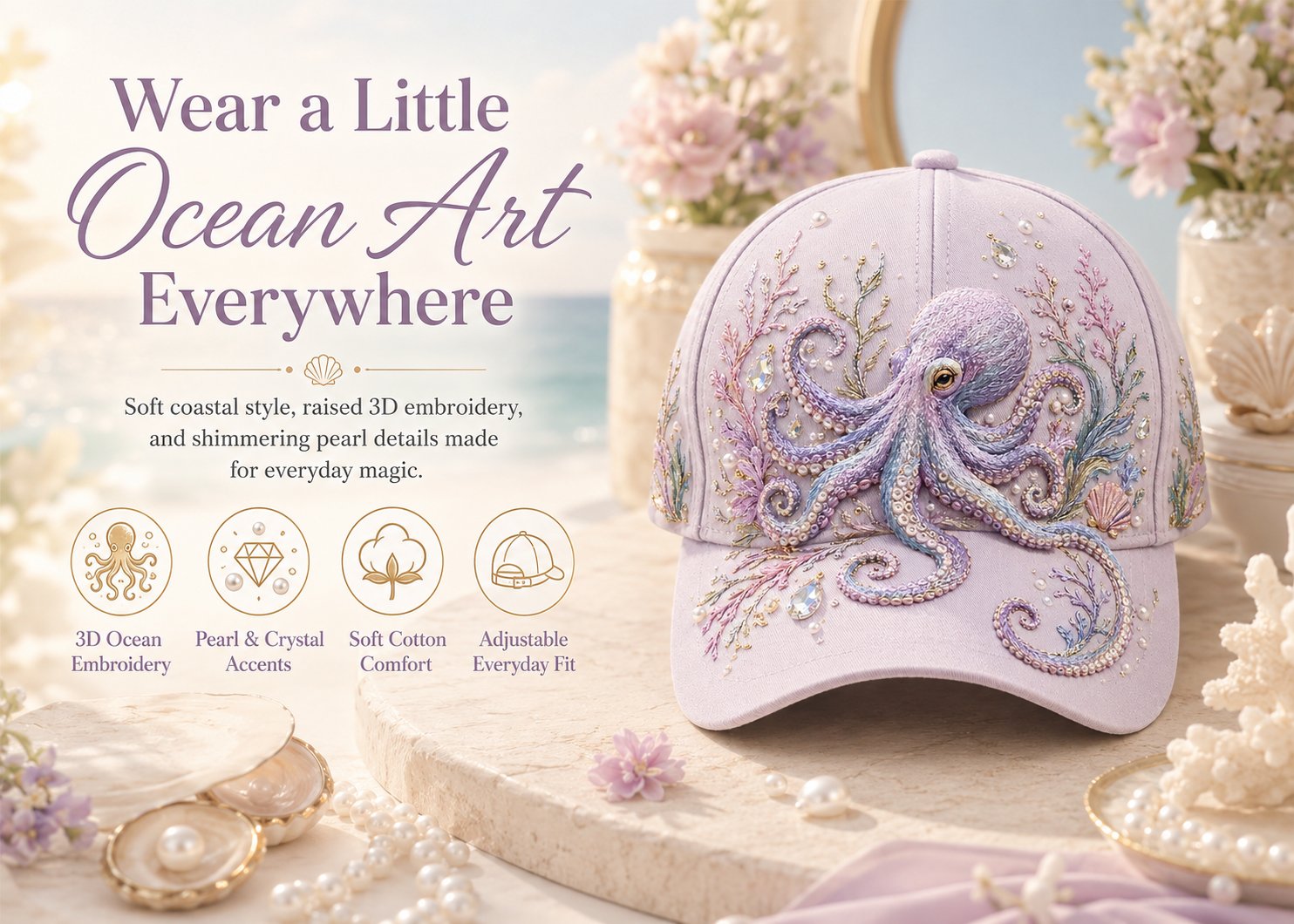 🌊 3D Ocean Creatures Embroidery Cap | Pearl & Crystal Adjustable Hat for Beach, Travel & Everyday Wear