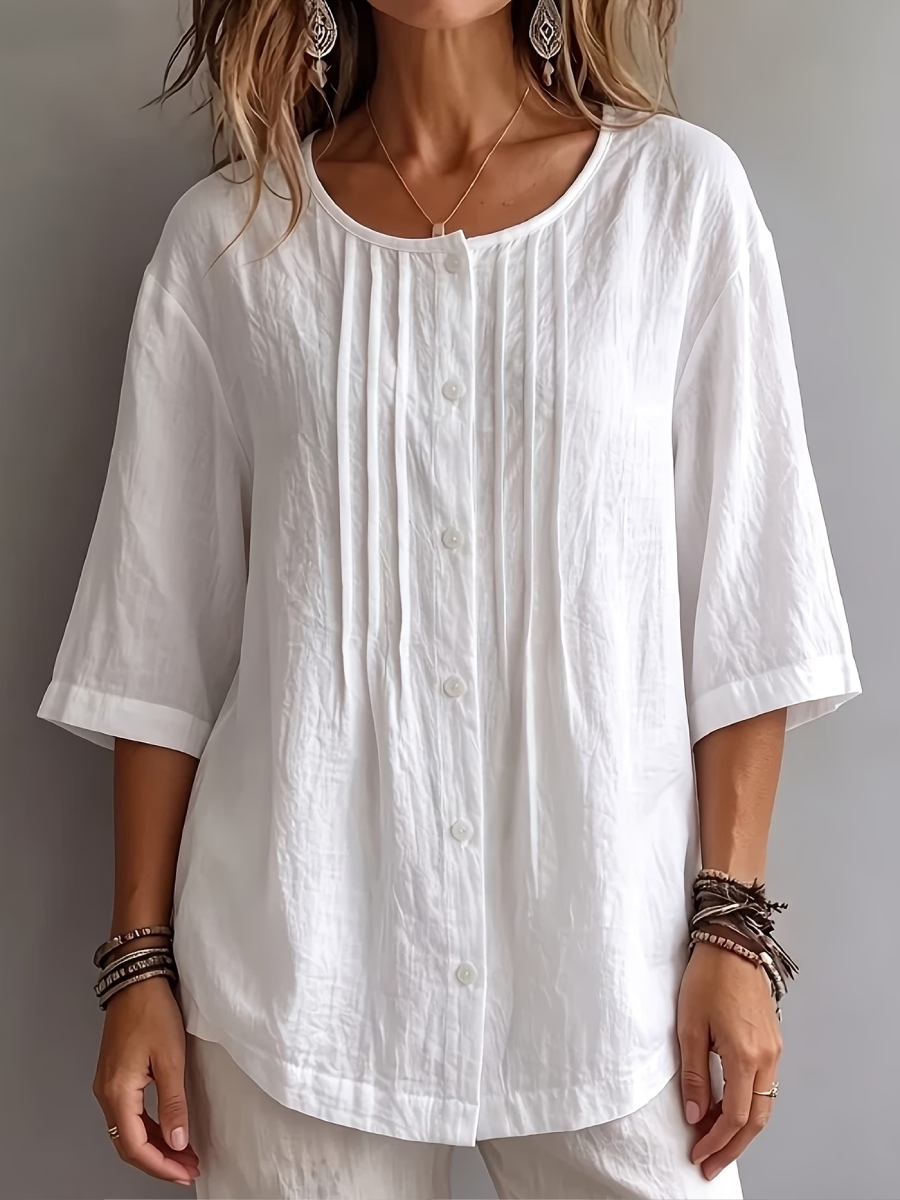 New Arrival 🔥Women'S Round Neck Three-Quarter Sleeve Pleated Shirt