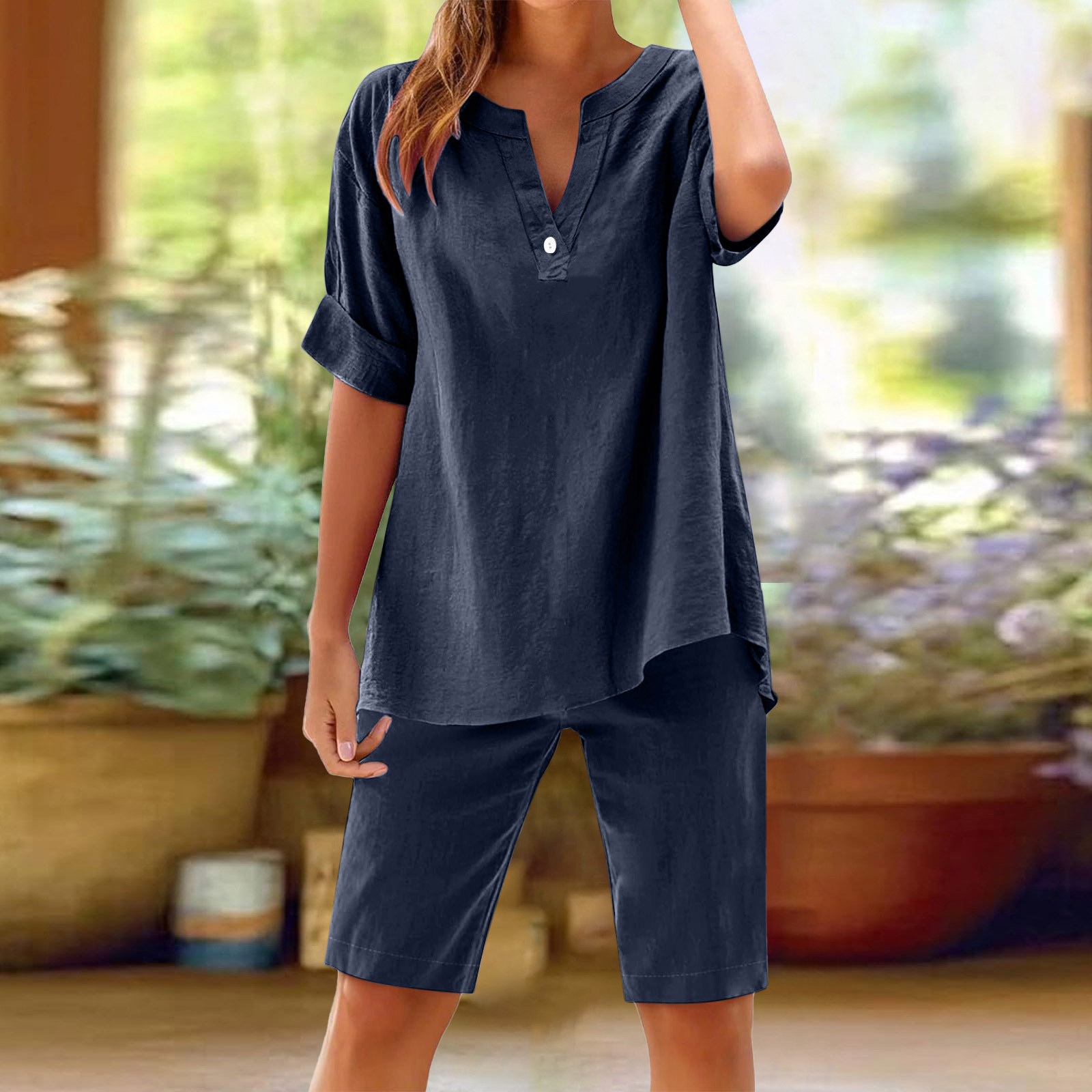 Womens Cotton Linen 2 Piece Outfits Short Sleeve Button Down Blouse Bermuda Shorts Beach Vacation Set with Pockets