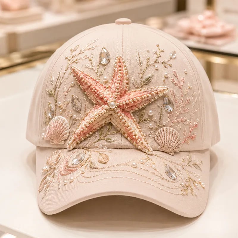 🌊 3D Ocean Creatures Embroidery Cap | Pearl & Crystal Adjustable Hat for Beach, Travel & Everyday Wear