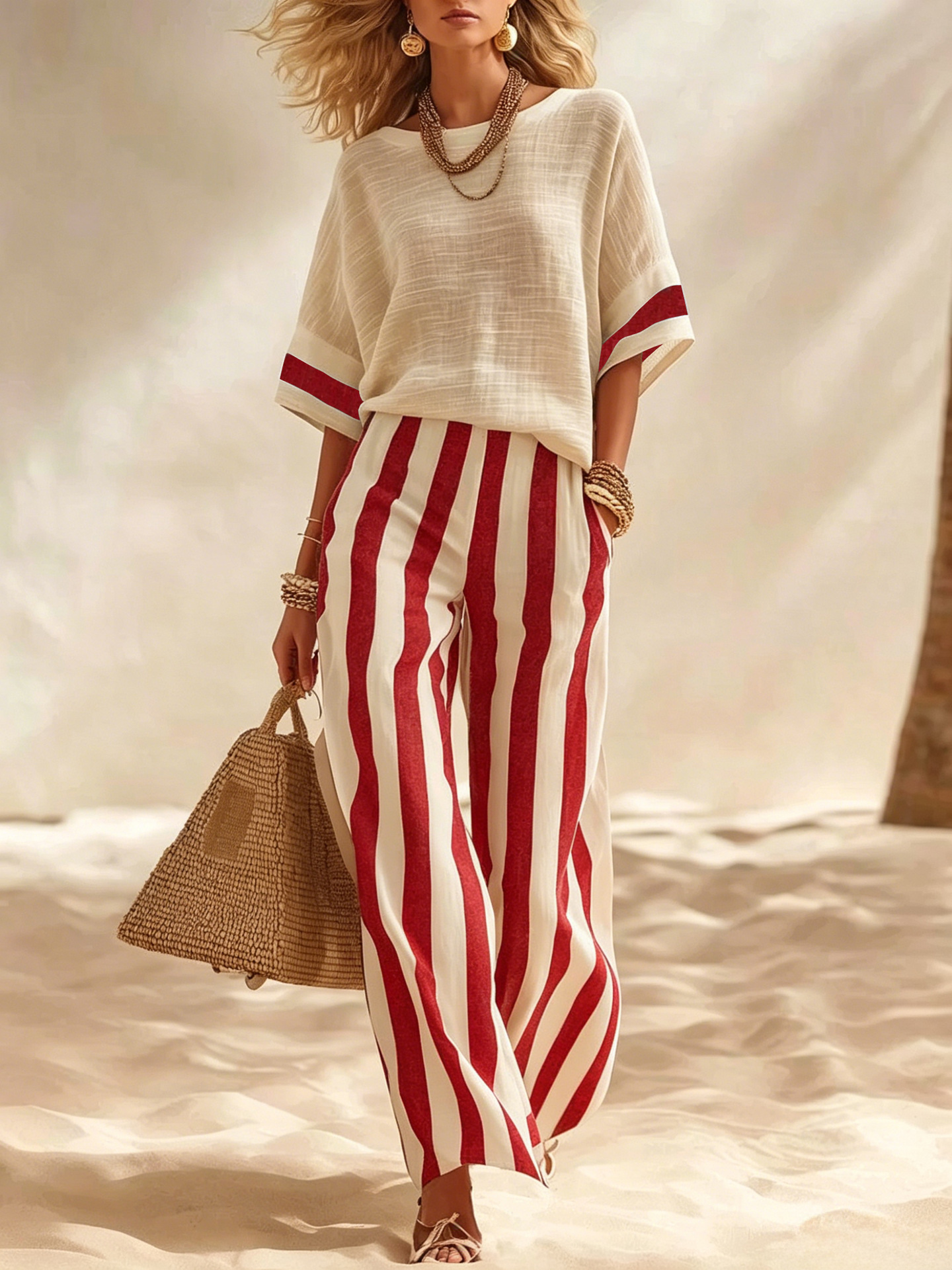 Beige Textured Cotton-linen Color-block Top & Blue-white Striped Elastic Waist Wide-leg Pants Set