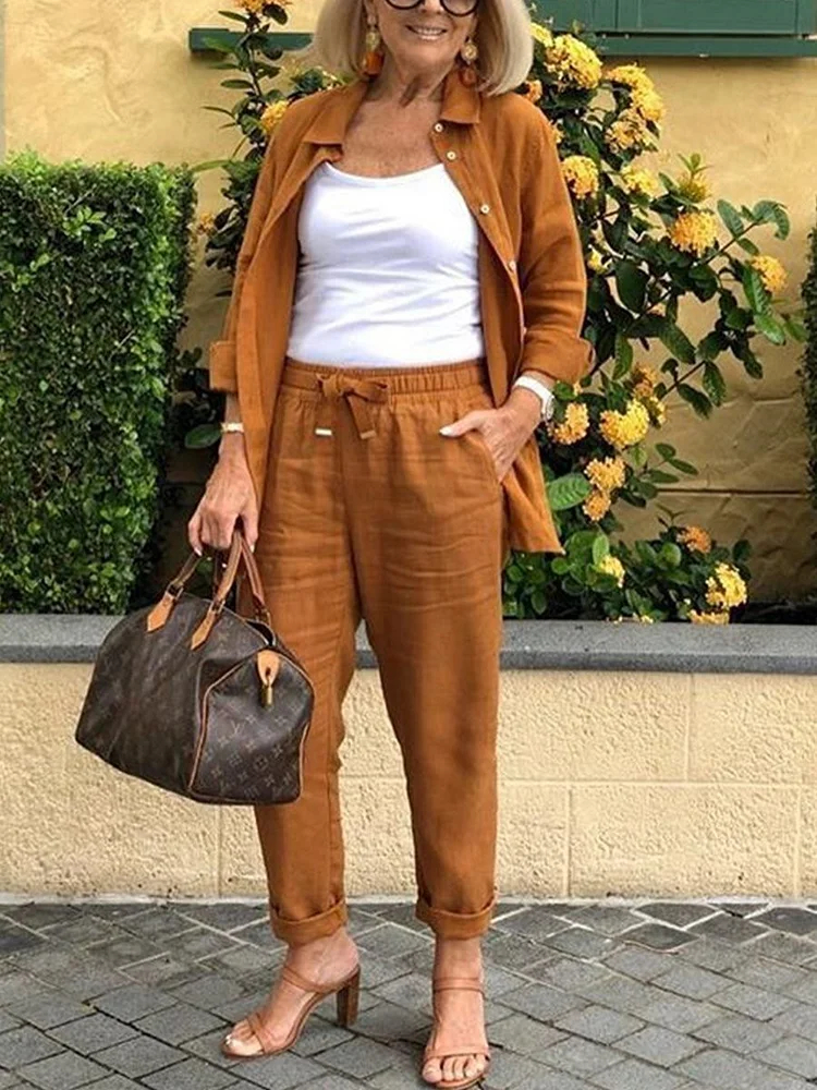 Solid Cotton Linen Women Suits Casual