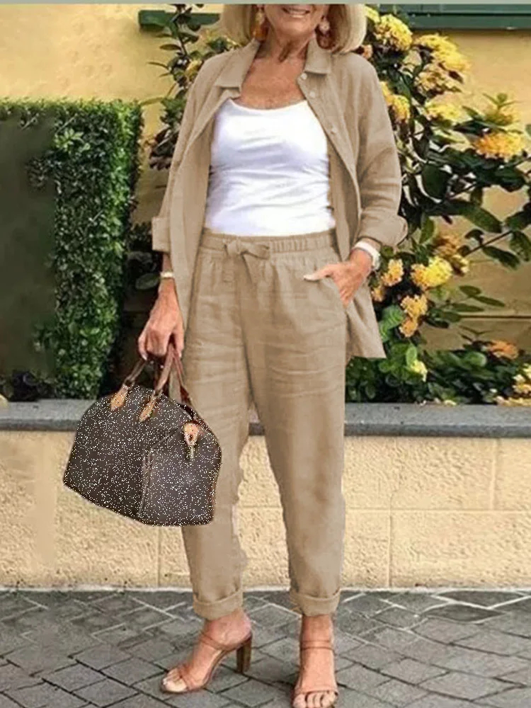 Solid Cotton Linen Women Suits Casual