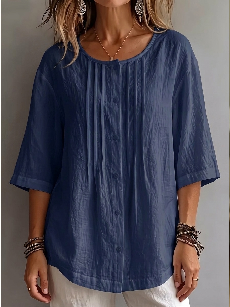 New Arrival 🔥Women'S Round Neck Three-Quarter Sleeve Pleated Shirt