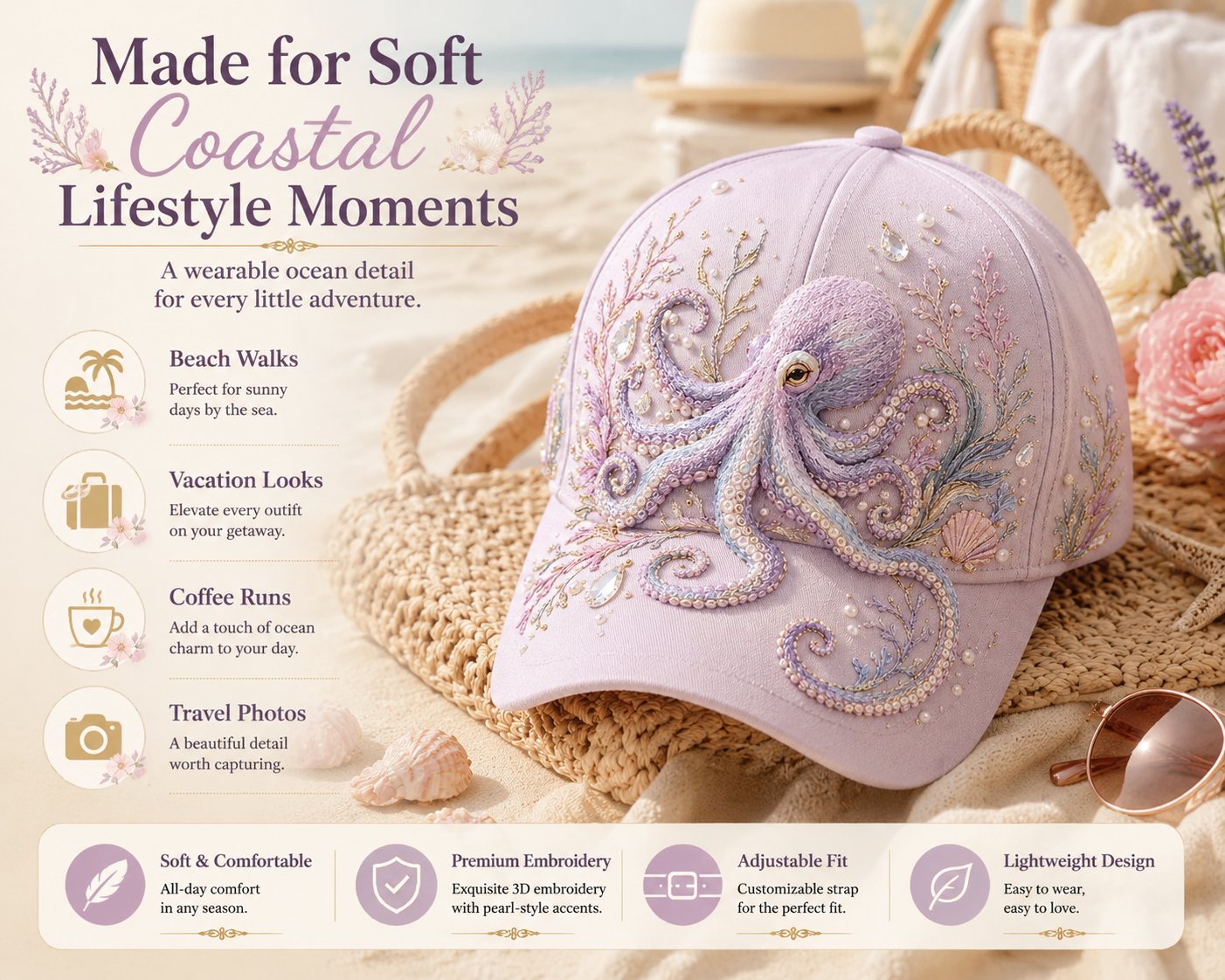 🌊 3D Ocean Creatures Embroidery Cap | Pearl & Crystal Adjustable Hat for Beach, Travel & Everyday Wear