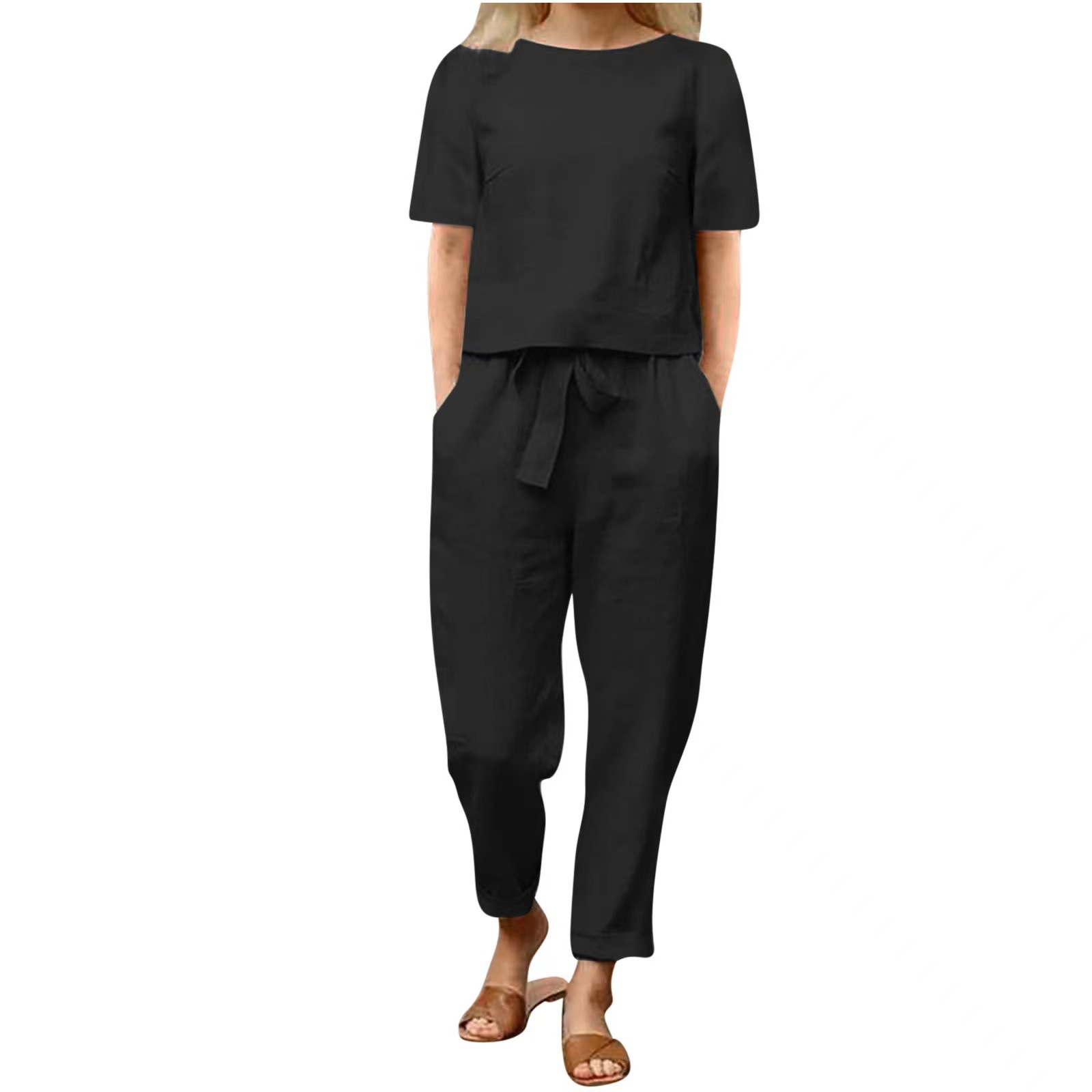 2025 new women's cotton and linen set half sleeve + wide leg pants