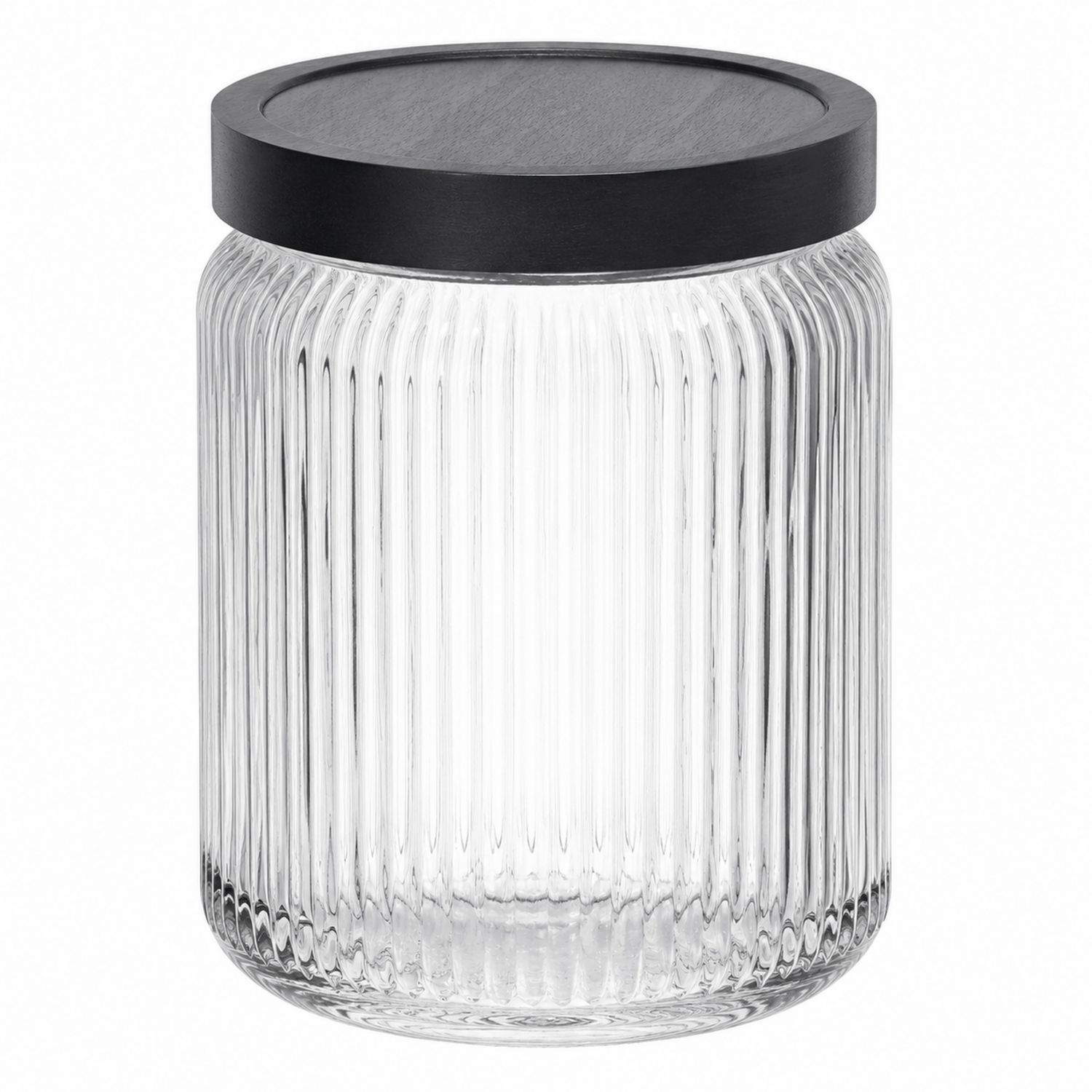 Contenitore Scanalato in Vetro con Coperchio in Legno Nero, 1500ml-Cavessahome