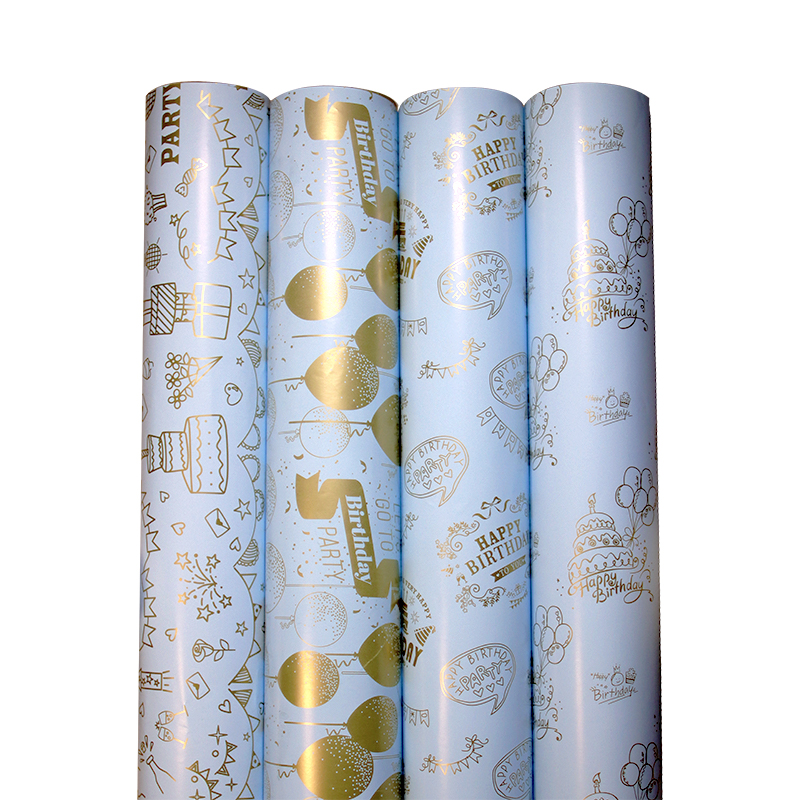 AW-PR-8JVX | Papel de cumpleaños azul claro con estampado dorado