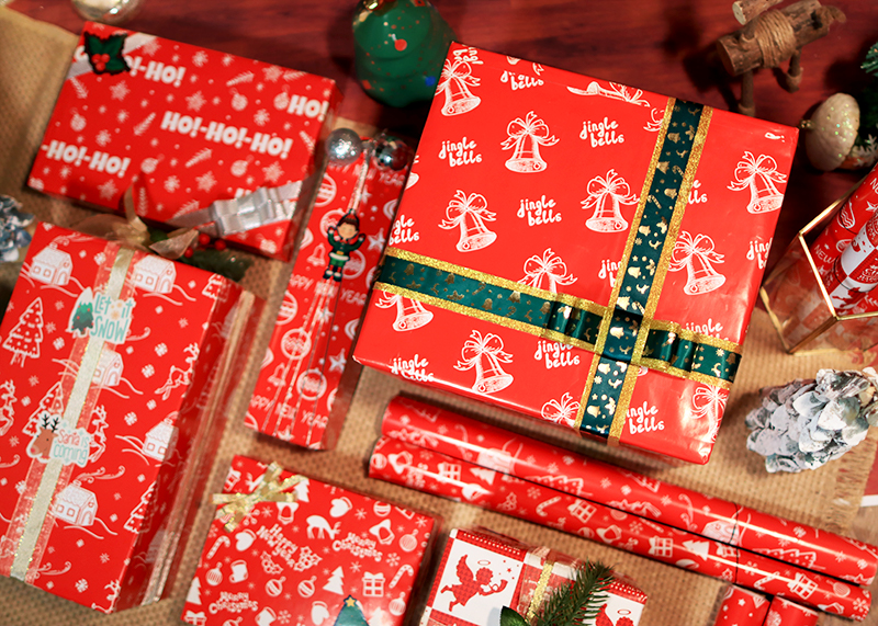AW-PR-RXQY | Papel de Navidad rojo con campanas