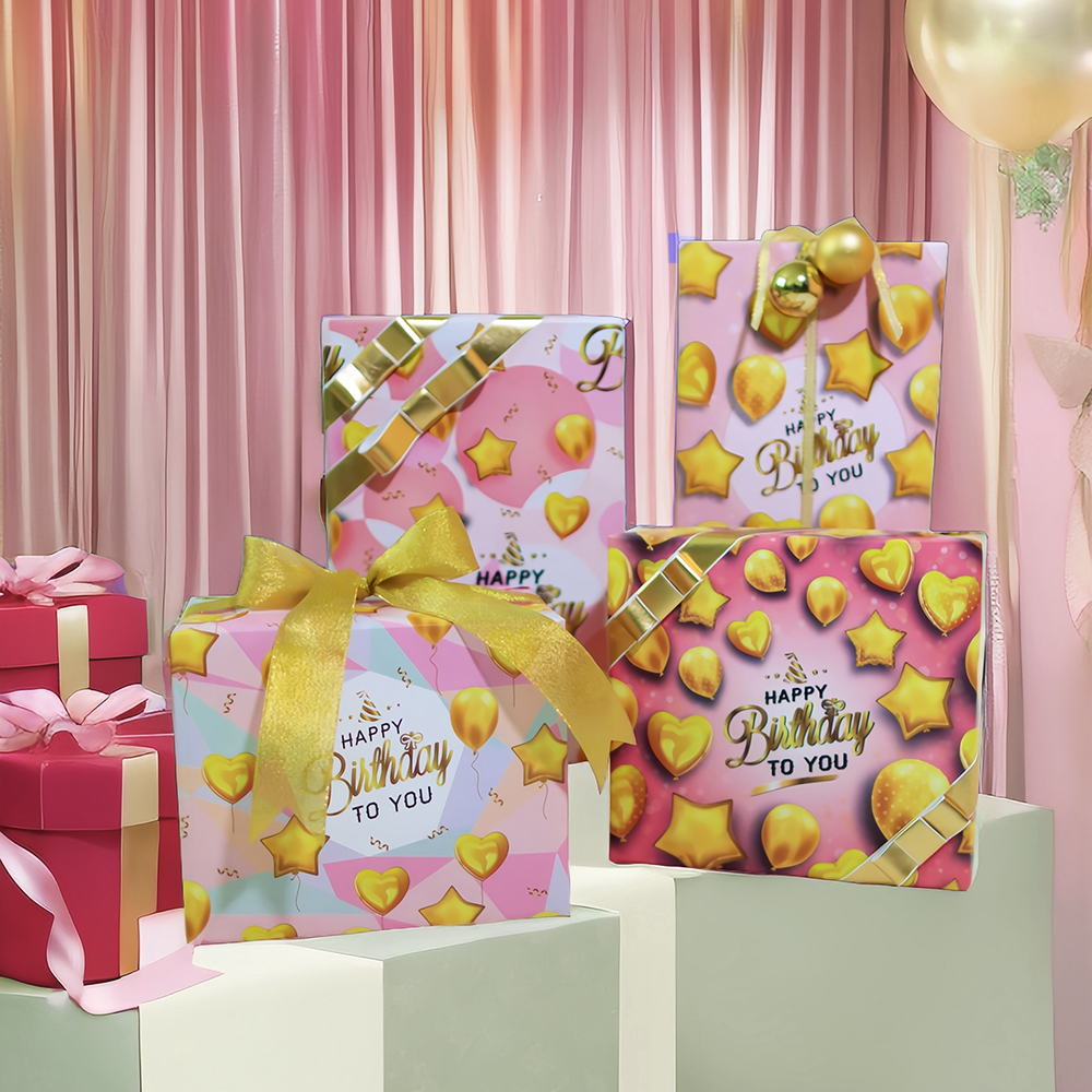 AW-PR-ET5R | Papel de cumpleaños con globos y polvo dorado