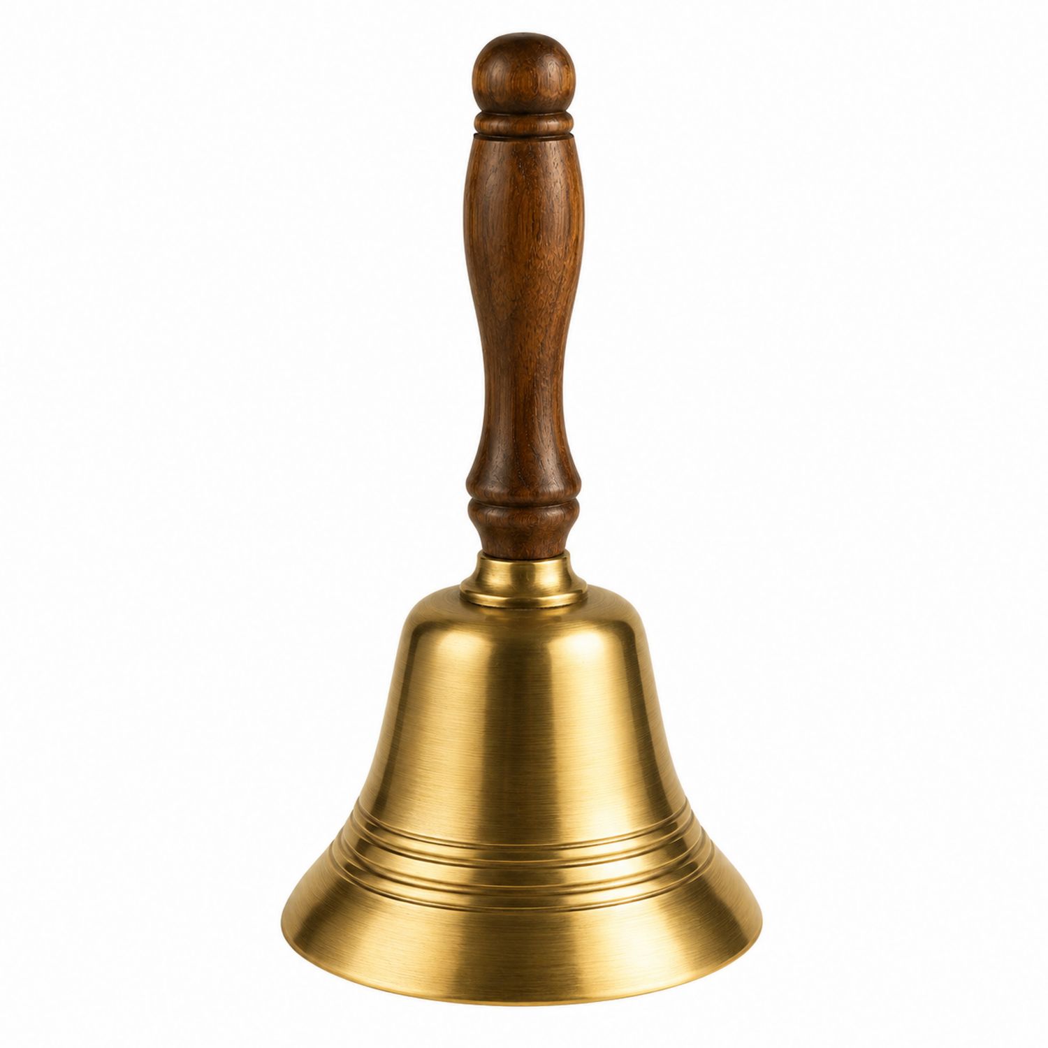 Cloche à main dorée avec poignée en bois