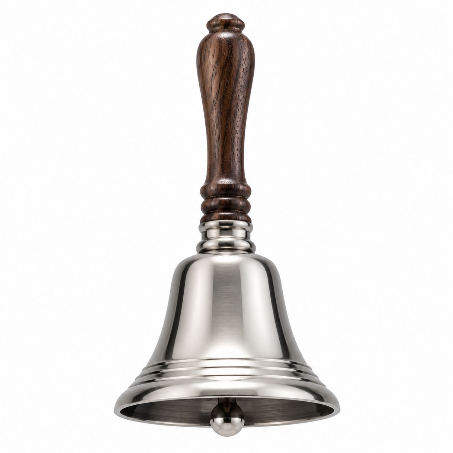 Cloche à main en métal argenté avec poignée en bois