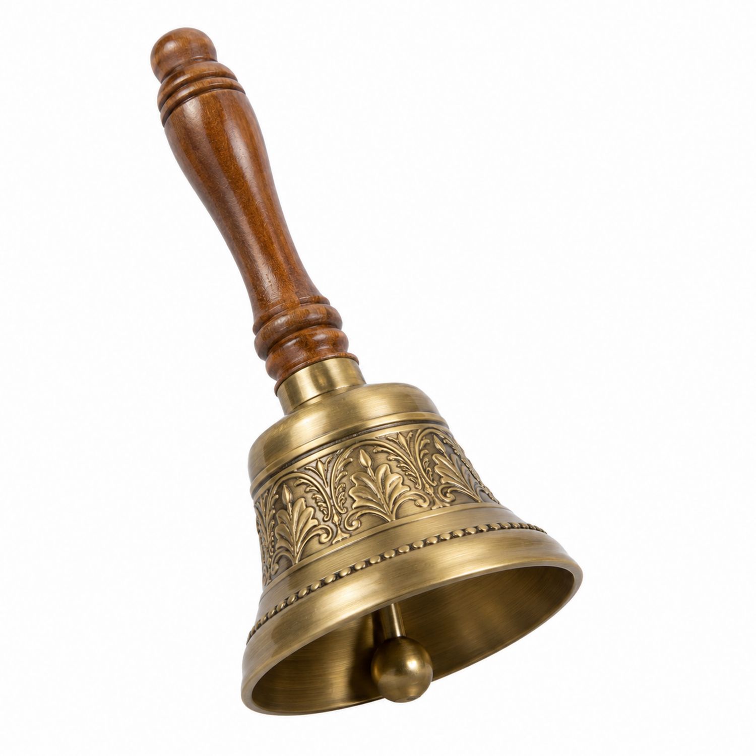 Cloche à main vintage en laiton avec poignée en bois
