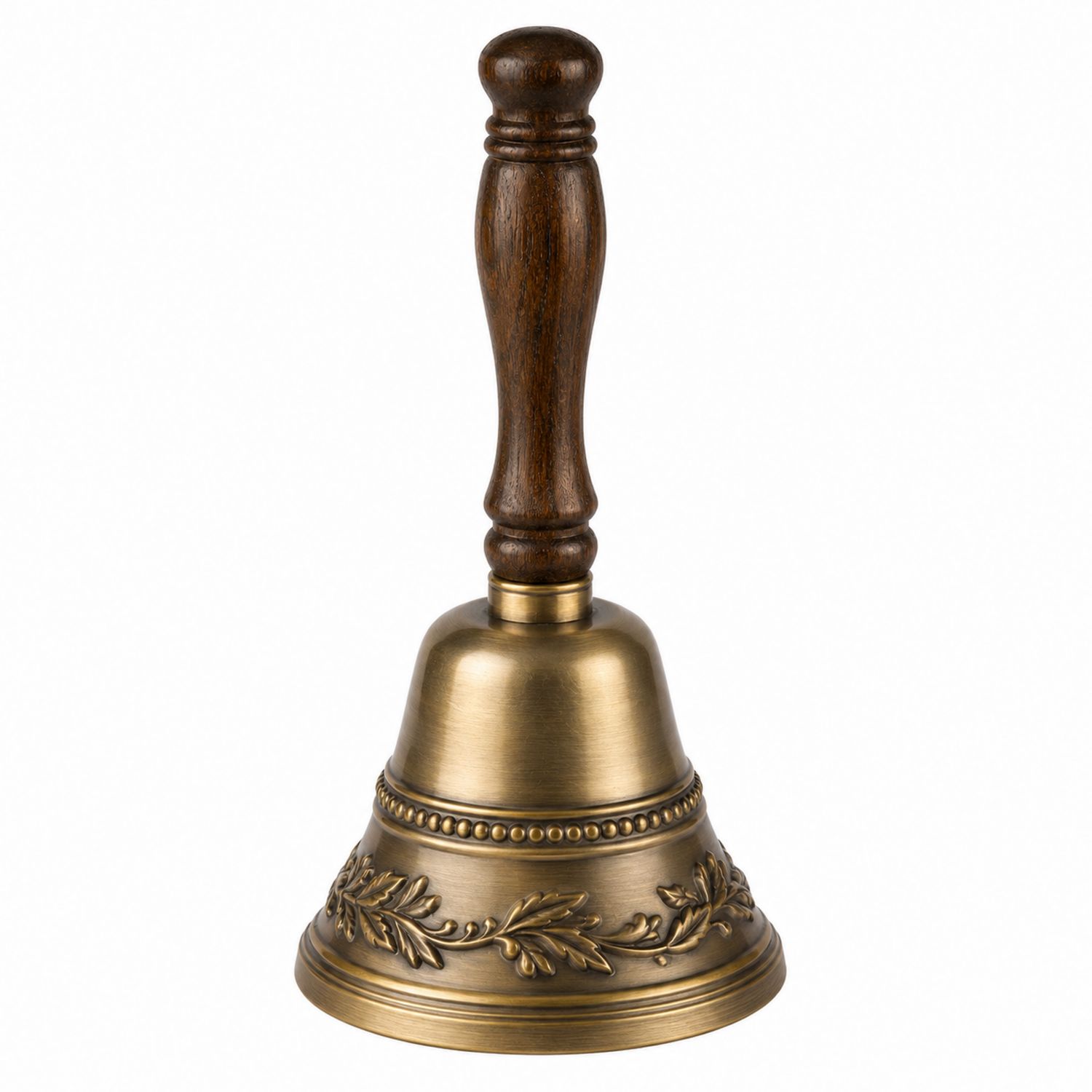 Cloche à main vintage en laiton avec poignée en bois sculpté