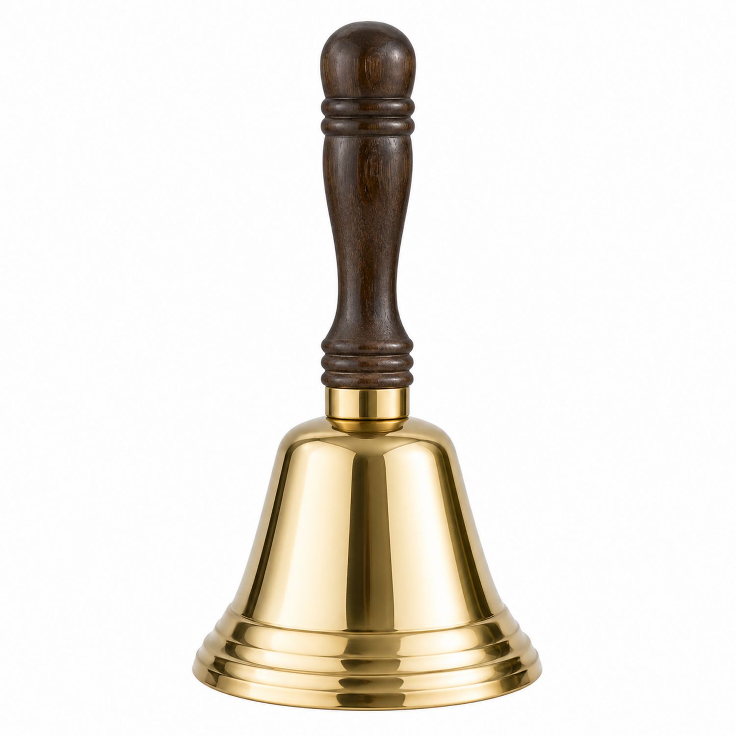 Cloche à main en laiton doré avec poignée en bois foncé