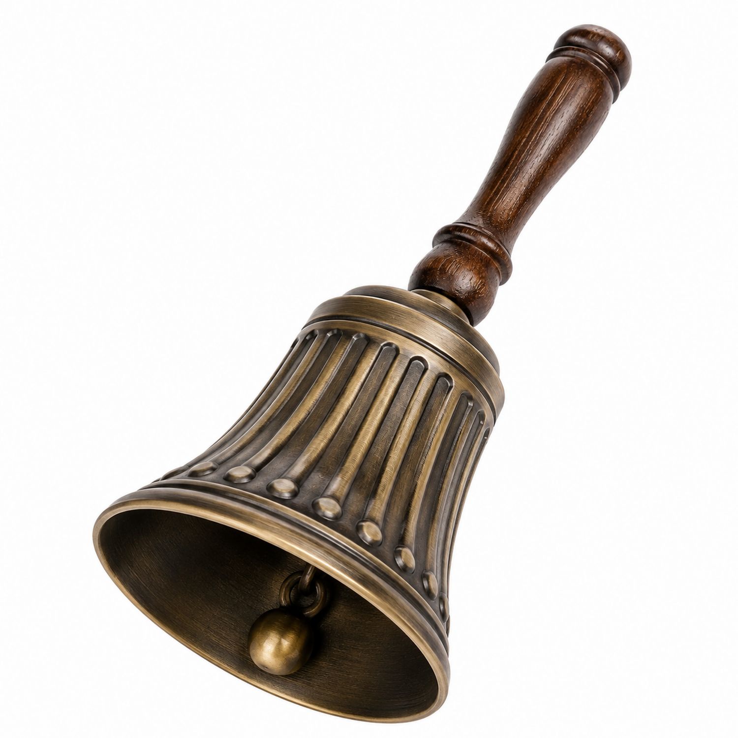 Cloche à main rétro en métal avec manche en bois brun