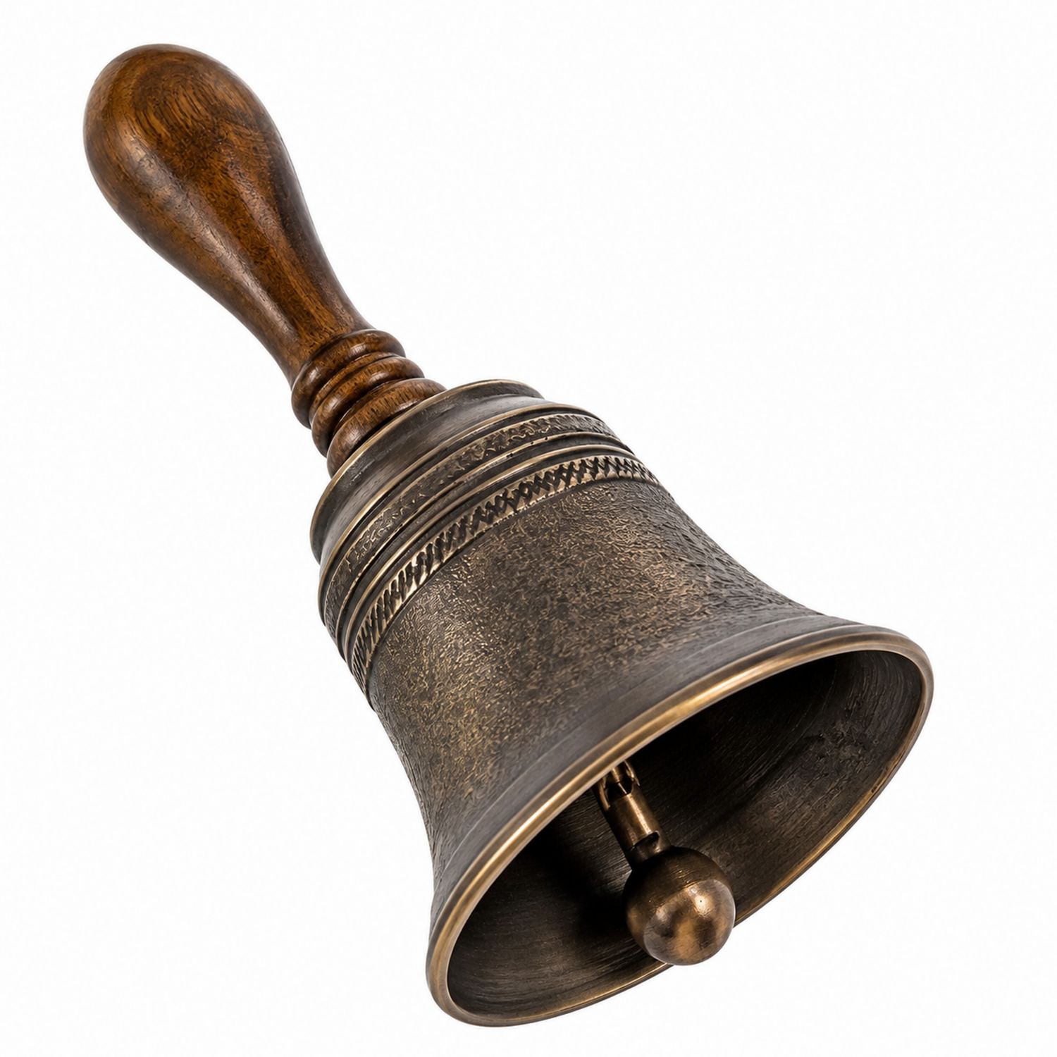 Cloche à main rétro bronze avec poignée en bois ergonomique