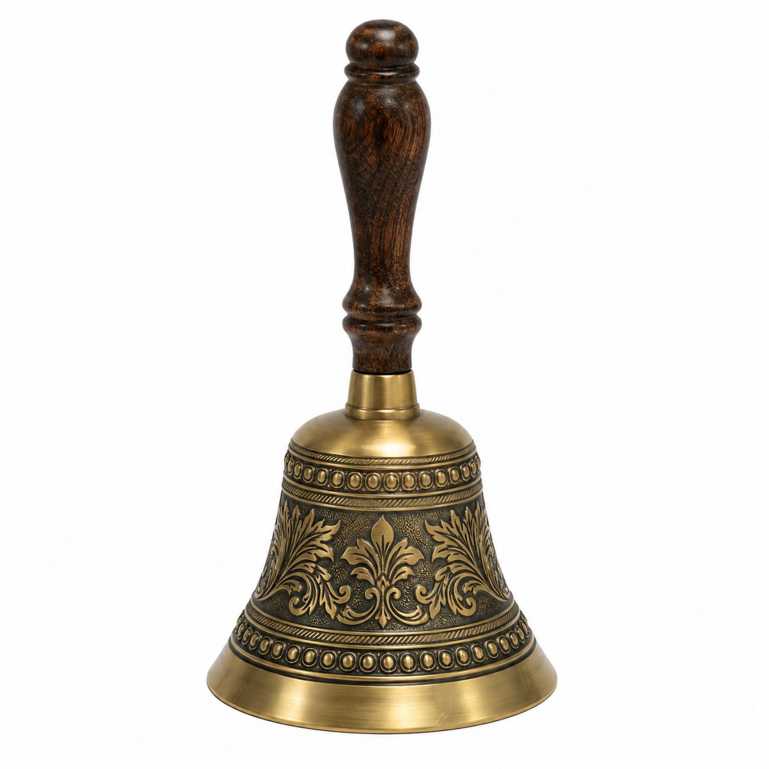 Cloche à main vintage en laiton avec poignée en bois sculpté