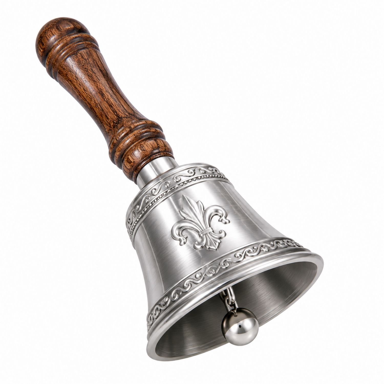 Cloche à main décorative argent avec manche en bois sculpté