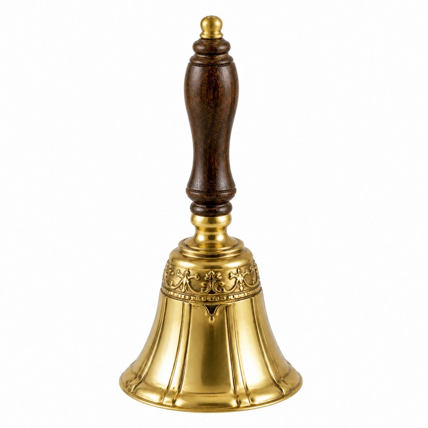 Cloche à main dorée en laiton avec poignée en bois
