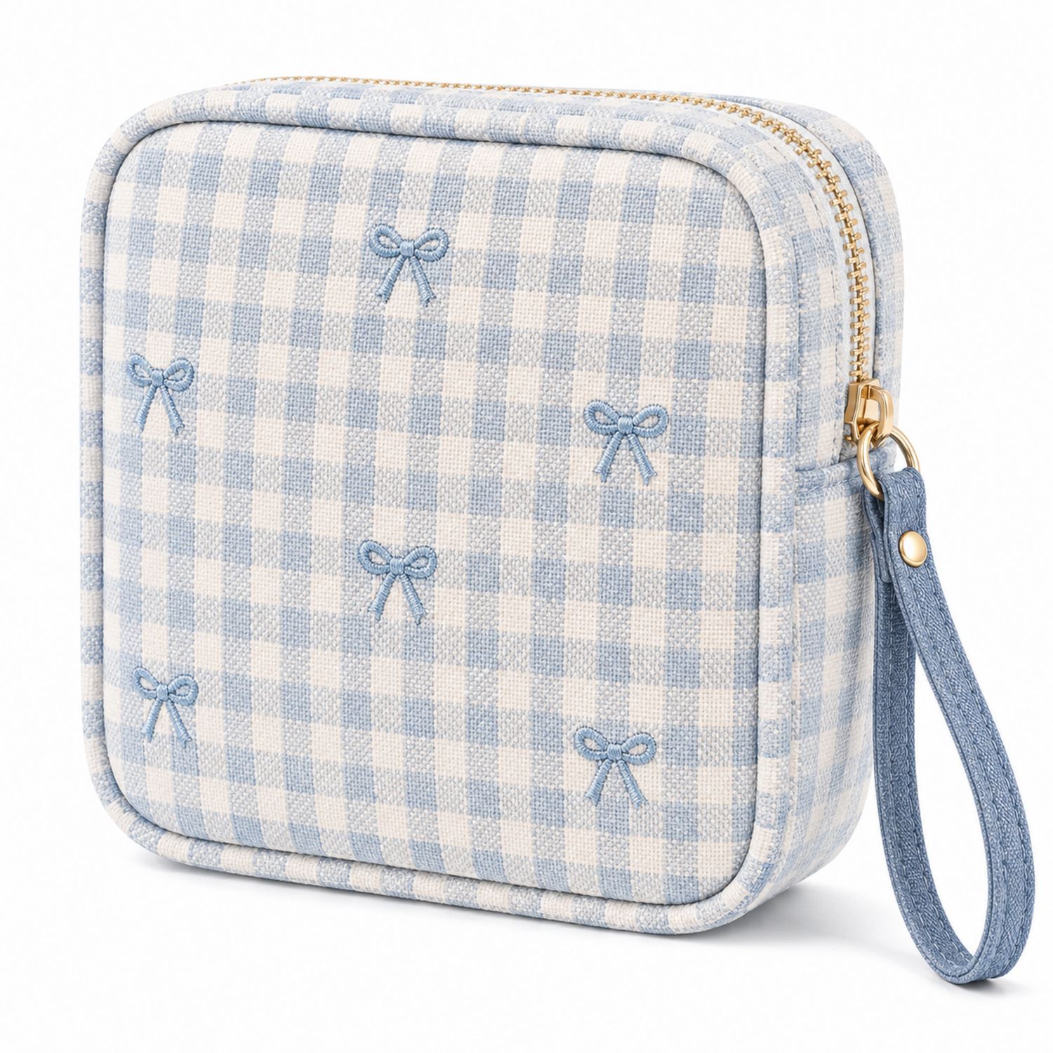 Quadratische Kosmetiktasche mit Blau-Weißem Karomuster und Schleifen-Velridan
