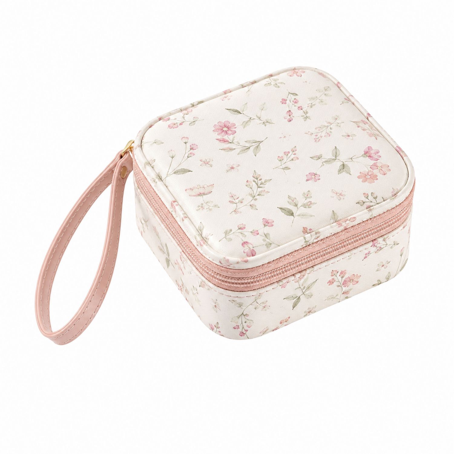 Quadratische Kosmetiktasche mit Blumenmuster und Trageschlaufe, Rosa-Velridan