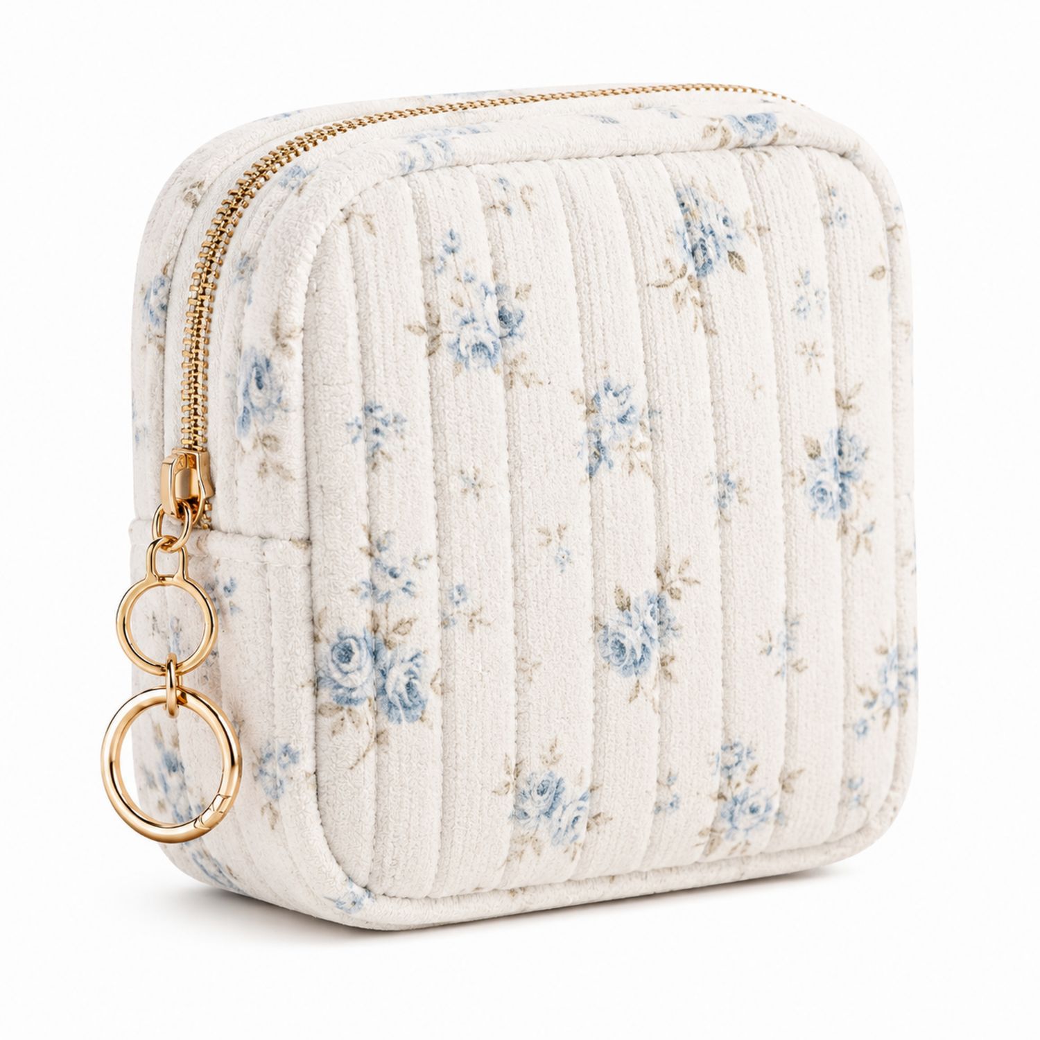 Vintage Kosmetiktasche mit Blumenmuster und Reißverschluss - Hellbeige/Hellblau-Velridan