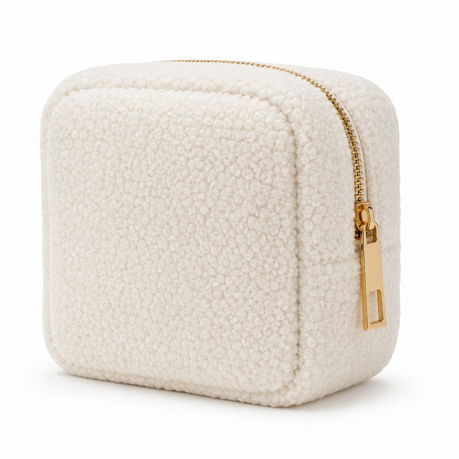 Beige Quadratische Plüsch-Kosmetiktasche mit Reißverschluss-Velridan