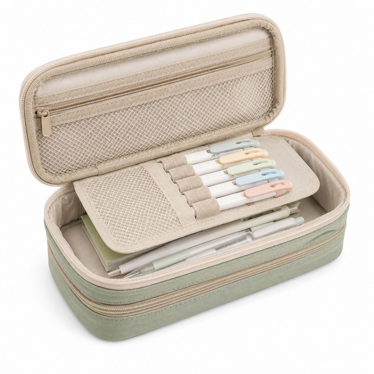 Großes Federmäppchen mit Reißverschluss in Beige und Grün