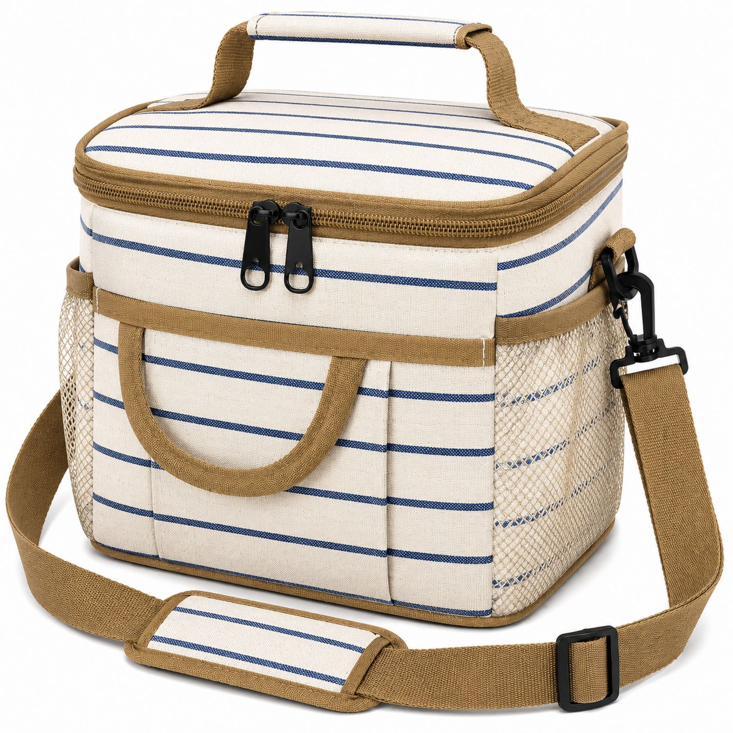 Gestreifte Kühltasche mit verstellbarem Schultergurt in Beige und Blau