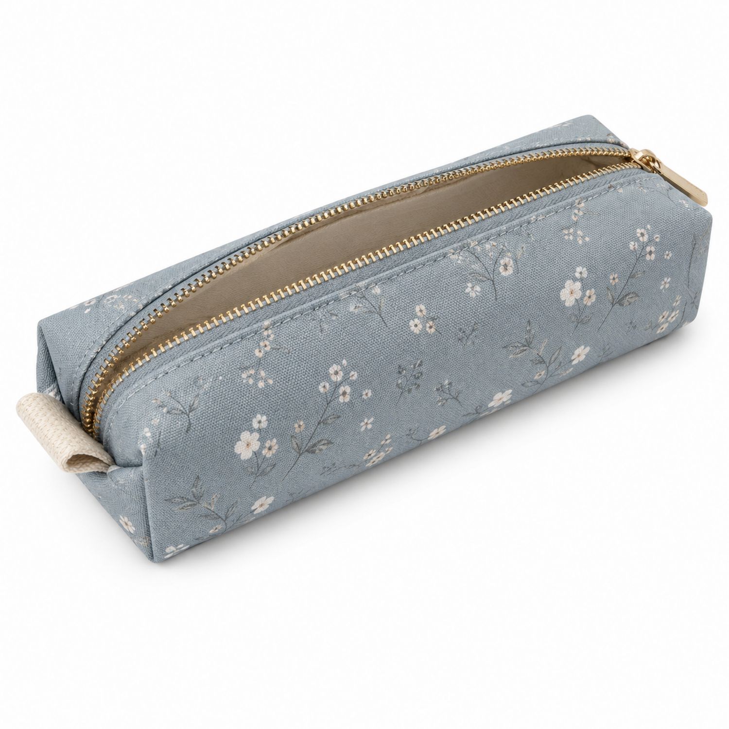 Blaues Federmäppchen mit Blumenmuster und Reißverschluss