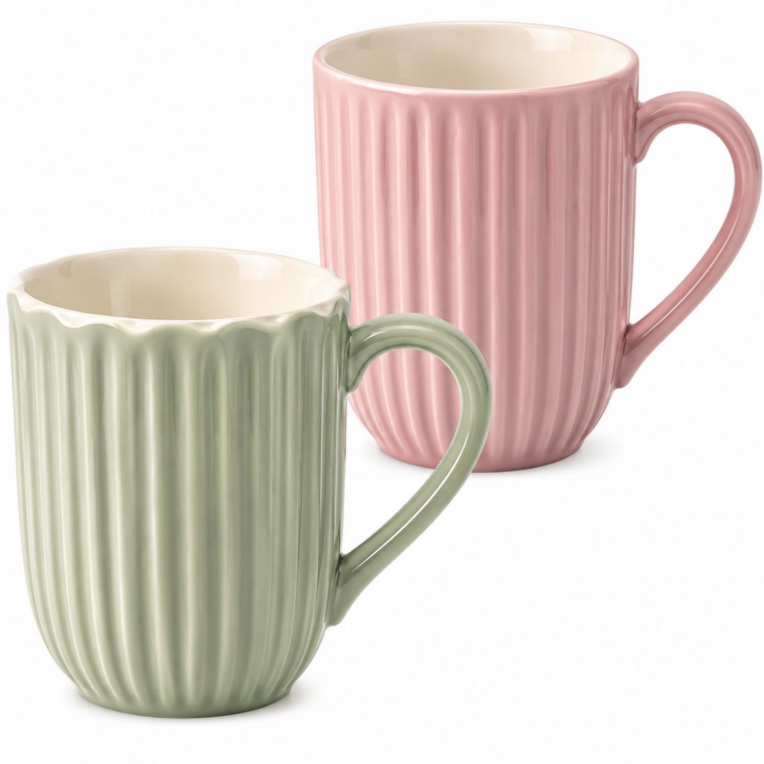 Set de deux tasses rainurées en céramique vertes et roses