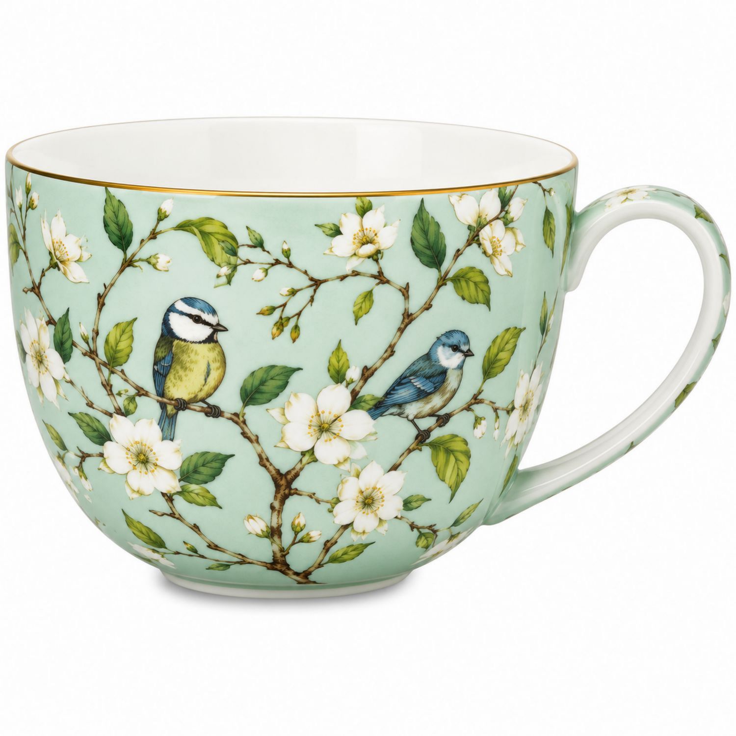 Grande tasse en porcelaine avec oiseaux et fleurs - Vert pastel