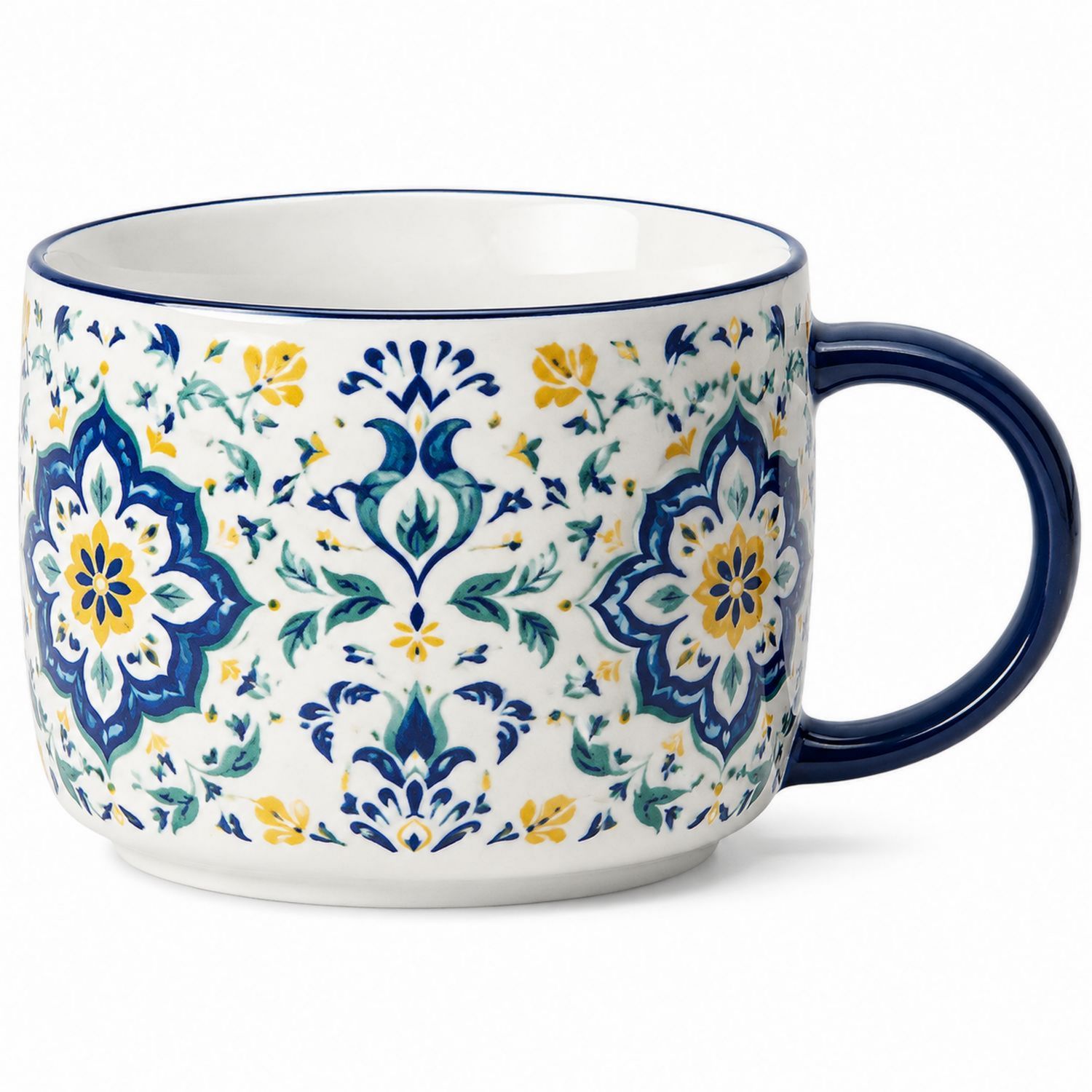 Mug en céramique motif floral 450 ml blanc, bleu et jaune