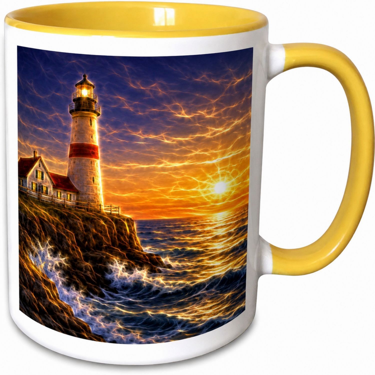 Tasse avec motif phare et intérieur jaune