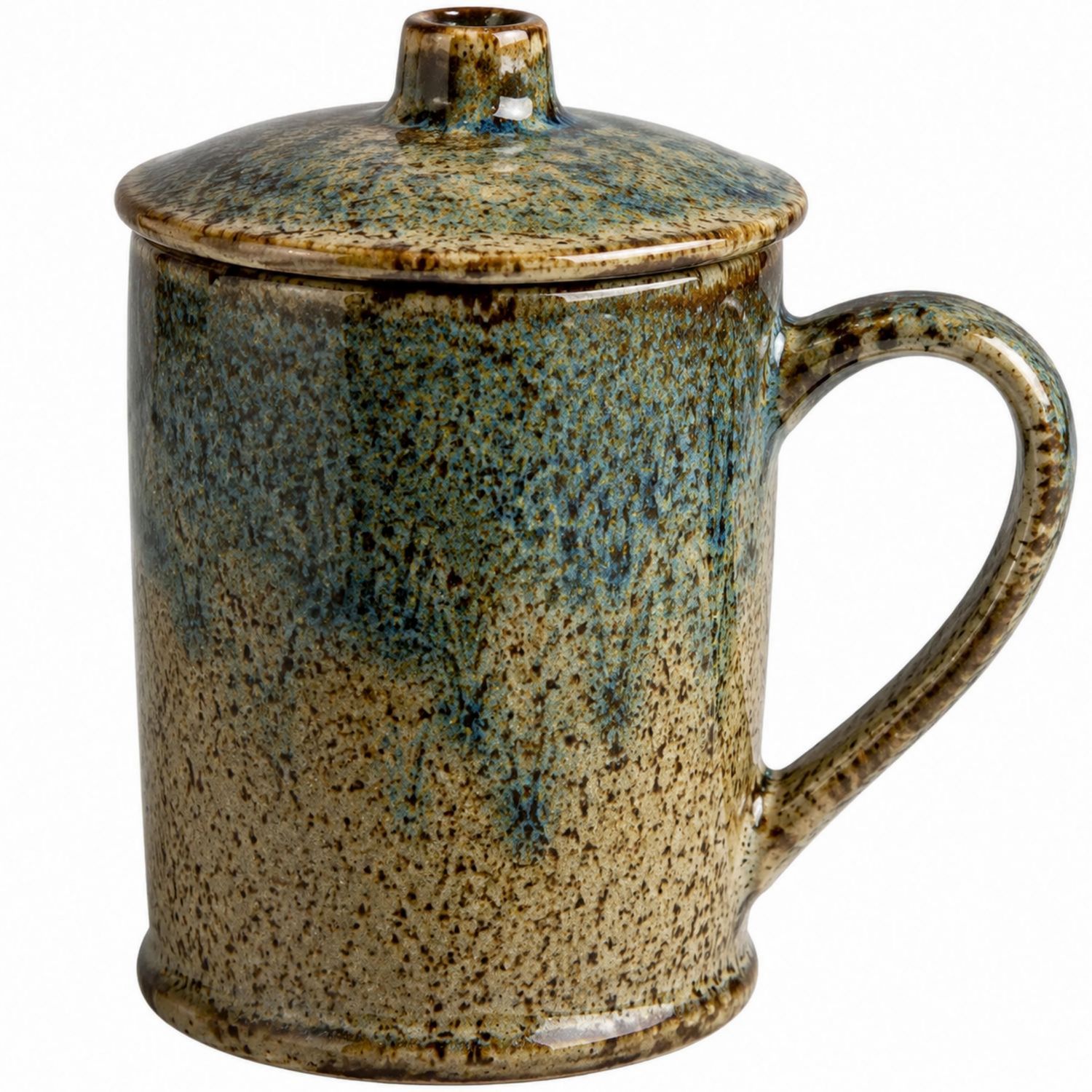 Tasse en céramique émaillée beige et bleu avec couvercle