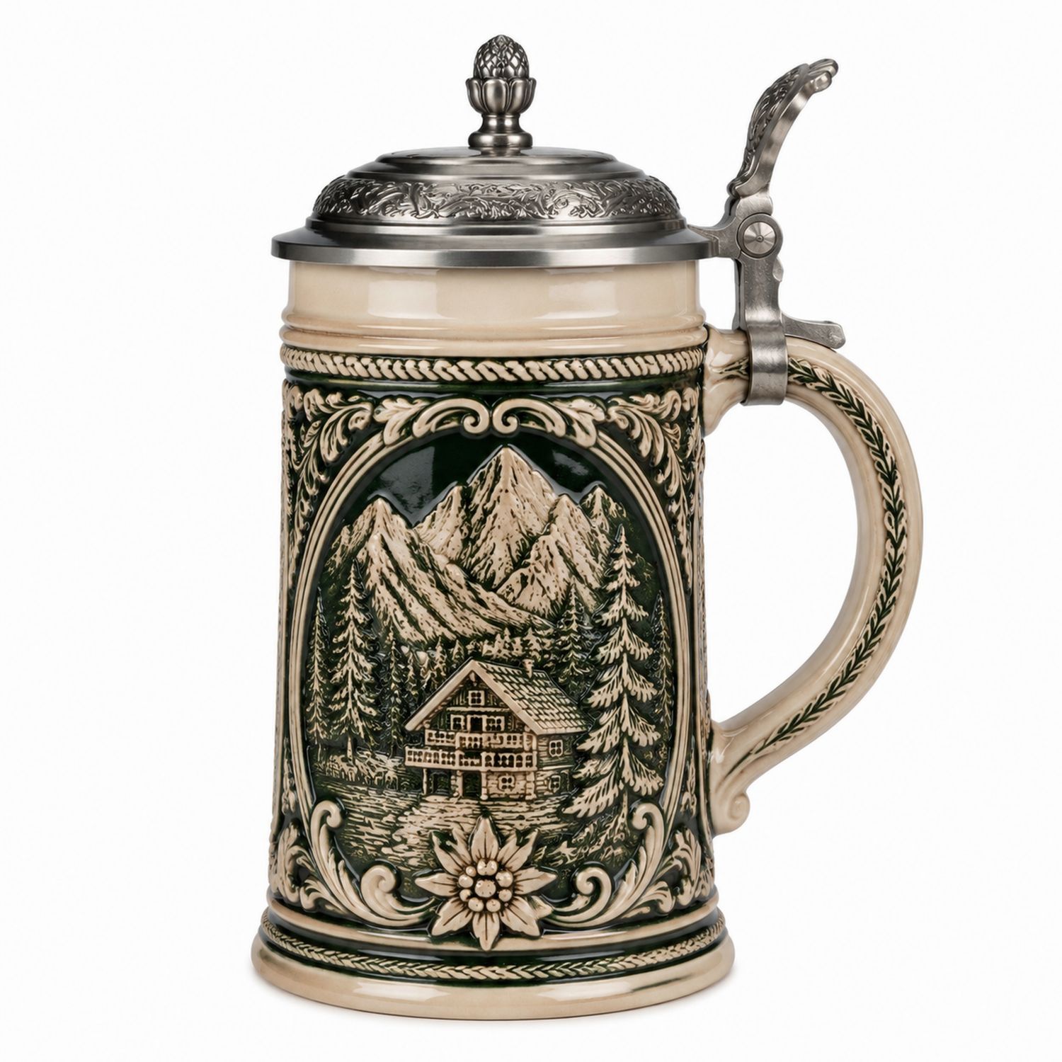 Chope de Bière en Céramique avec Décor Montagnard et Couvercle Métallique