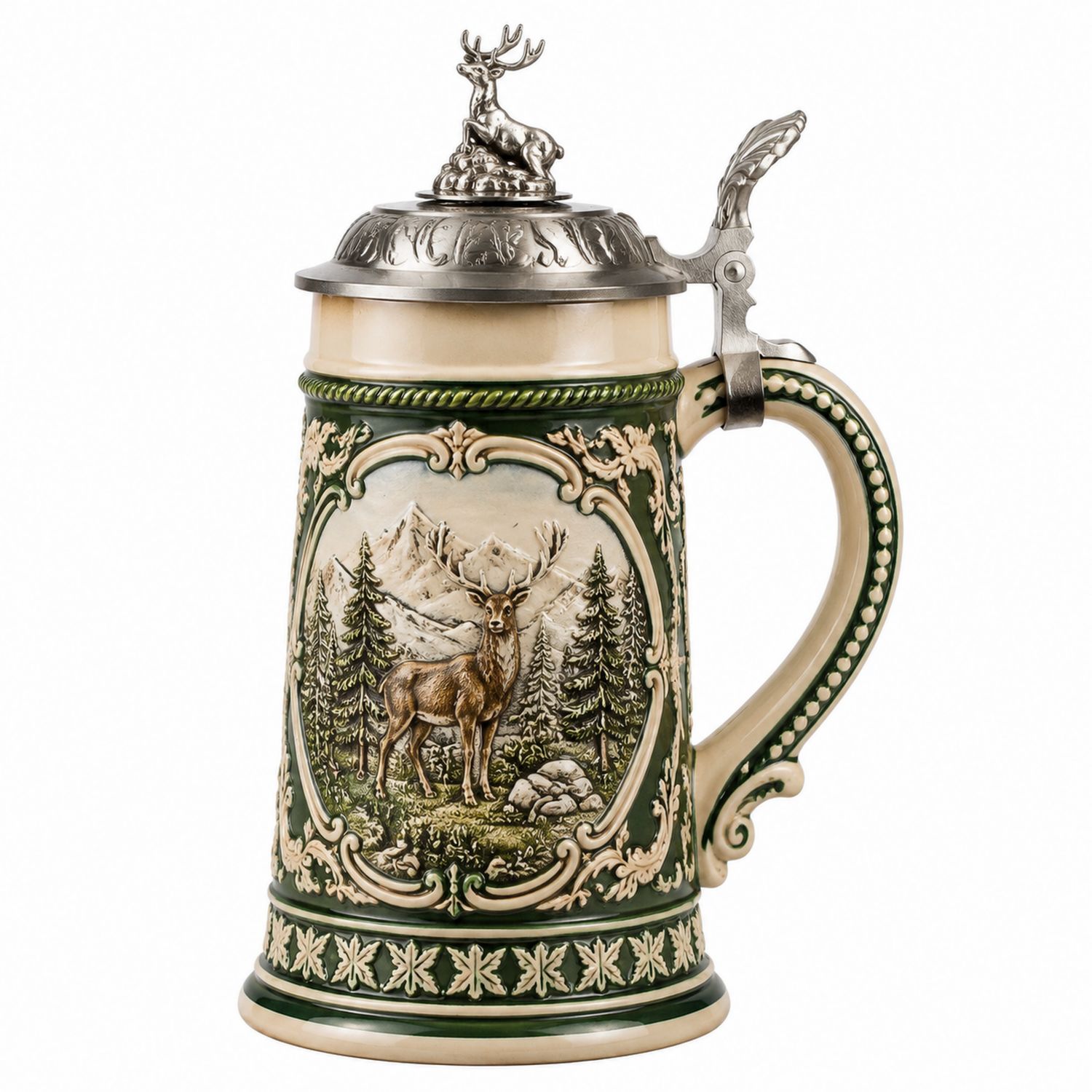 Chope à bière en céramique avec couvercle en étain et motif de cerf